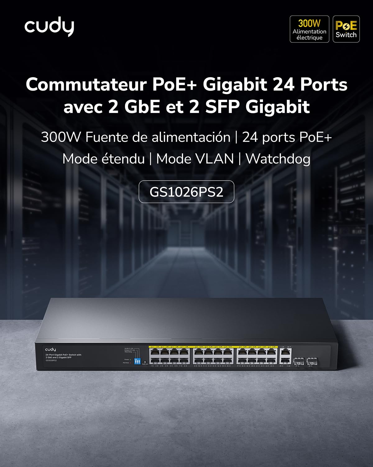 Cudy Commutateur Ethernet 26 Ports Gigabit, Dont 24 Ports PoE+, GS1026PS2 | 24 ports 802.3af/at, 2 ports fibre optique, budget de 300 W, capacité de 52 Gbps, isolation des ports/mode DIP 250 m