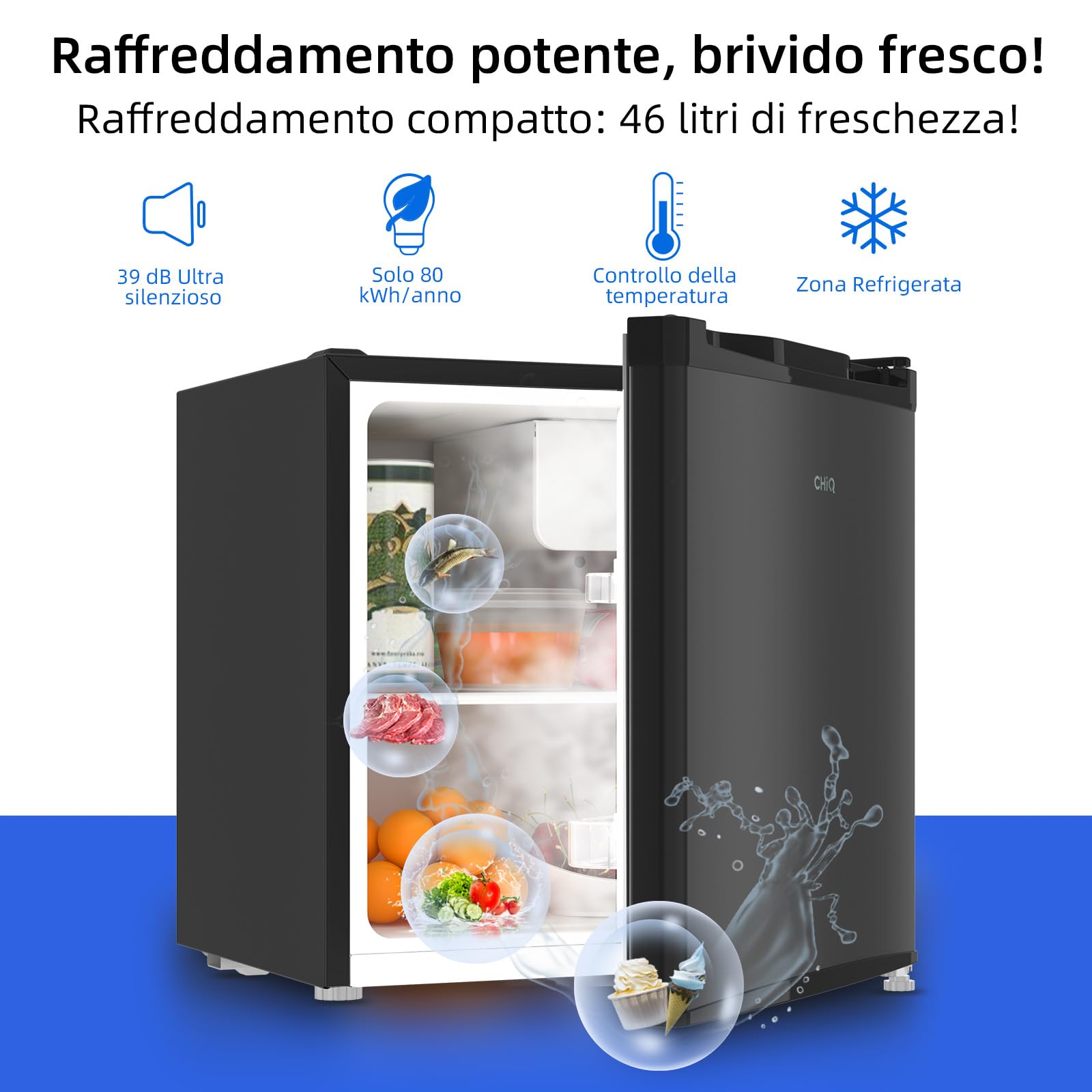 CHiQ Mini frigorifero 46 litri, 47x44,7 cm, frigorifero da tavolo con portabottiglie, scomparto refrigerato, termostato regolabile, silenzioso, per dormitorio, cucina, soggiorno, colore scuro 2023