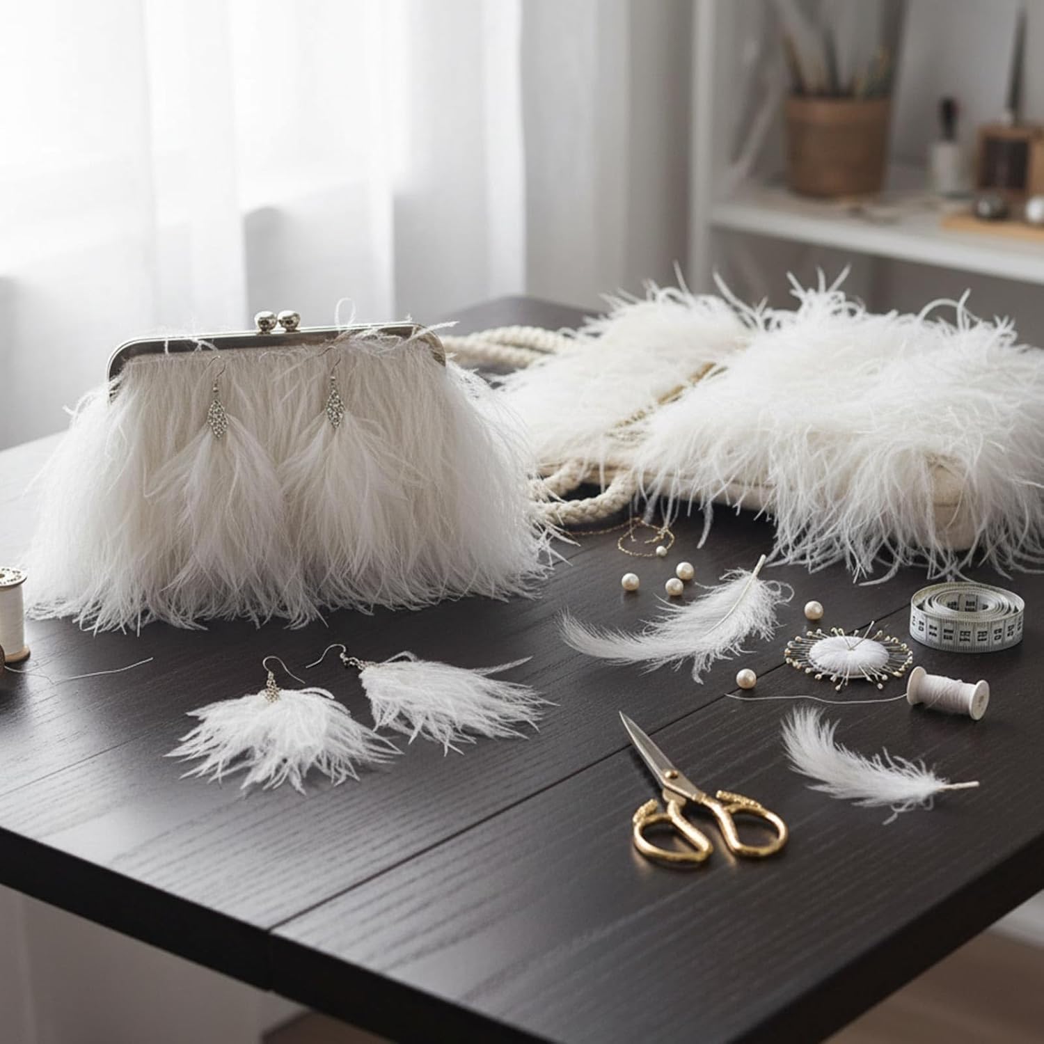 Janinka 10 Yards White Ostrich Feathers Trims 3-4 Inch Feathers Fringe Trim Ribbon for DIY Dress Sewing Crafts Halloween Costumes Accessories