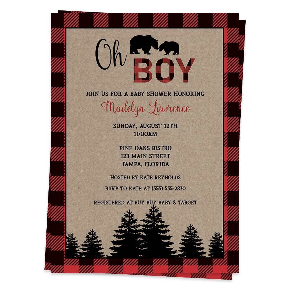 Amazon.com : Lumberjack Baby Shower Invitations Bears Pine Trees Wedding  Invites Oh Boy Red Rustic Mama Bear Woods Woodland Boys Black (12 count) :  Home & Kitchen