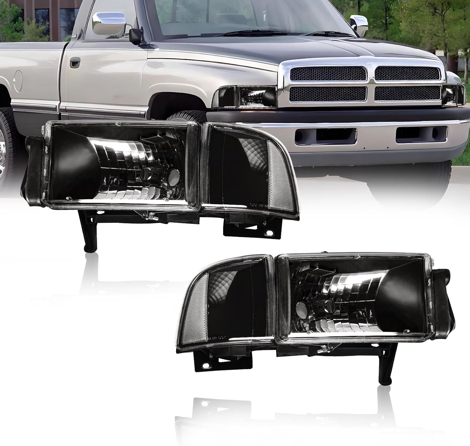 Headlights Compatible with 1994-2001 Dodge Ram 1500/1994-2002 Dodge Ram 2500 3500(DON'T Fit SPORT & Ram VAN Models) Clear Reflector Black Housing