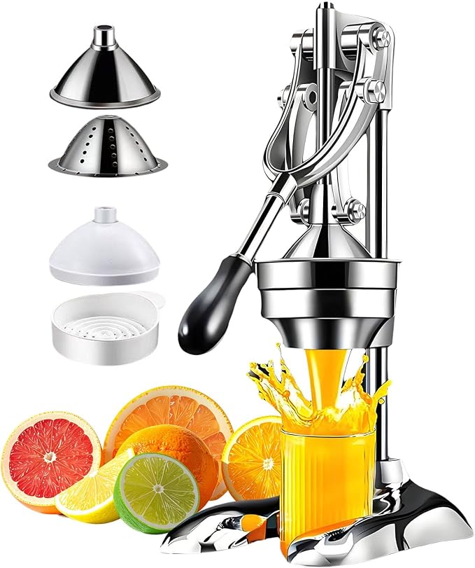 Manual Citrus Juicer Hand Press - Heavy Duty Stainless Steel Fruit Juicer with 2 Cones, Professional Commercial Lever Squeezer for Orange, Lemon, Pomegranate, Easy to Clean Metal
