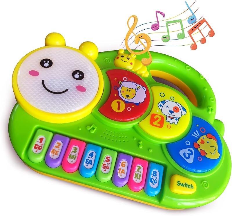 Juguete musical para tambor de piano para bebé de 6 a 12 meses, teclado musical con luz de oruga, sonido animal, niño pequeño de 12 a 24 años, juguetes educativos interactivos para aprendizaje temprano, regalo para niña y niño de 1 año
