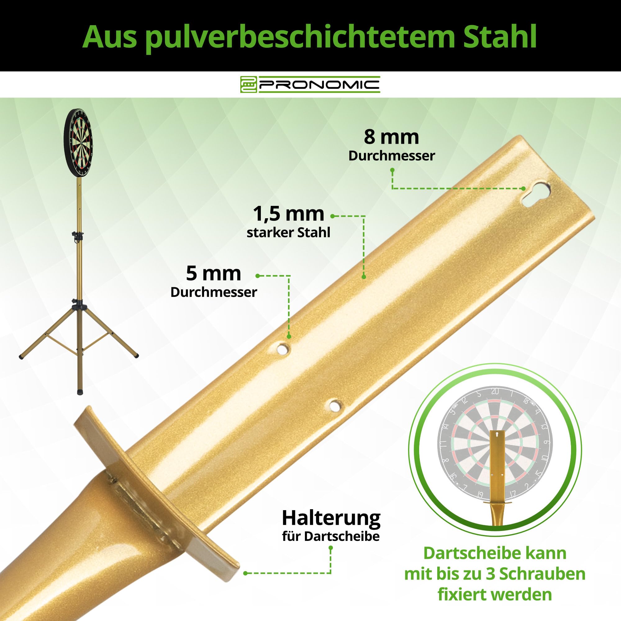 Pronomic DA-45S GD Support pour Cible de Fléchettes - Support Dartboard - Support Fléchettes en Acier Doré - Hauteur Réglable sans Palier - Or