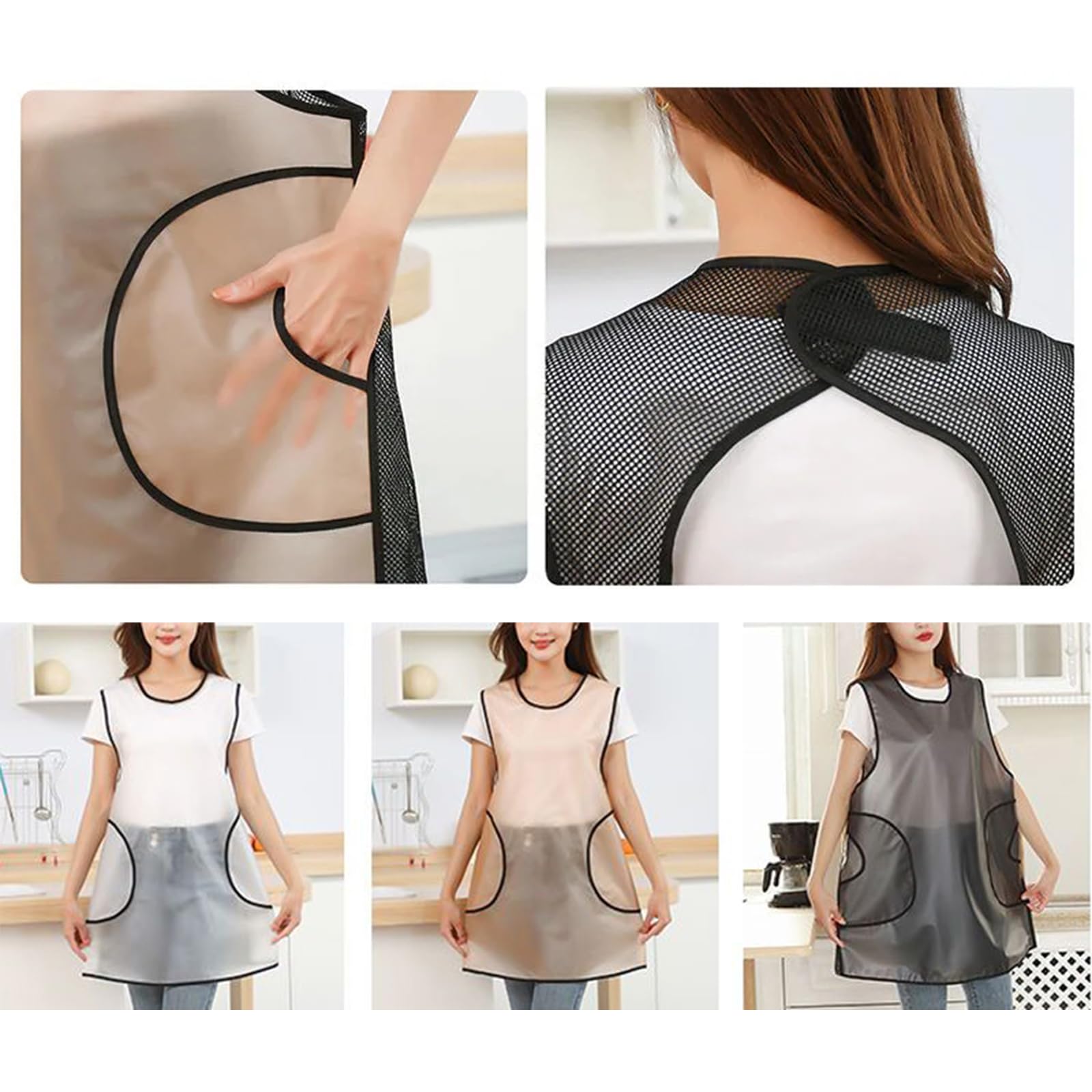 2 Pezzi Grembiule da Cucina Impermeabile Trasparente con Tasche per Donna, Cucina, BBQ, Ristorante, caffè Black,100cm