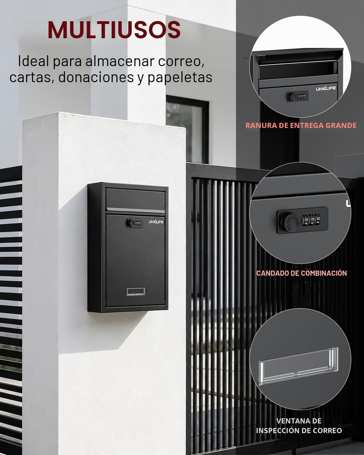 Uniclife Buzón de pared para exterior, gran compartimento de almacenamiento con cerradura de combinación, cierre de seguridad para casa, caja de seguridad, caja de correo, caja de acero para casa