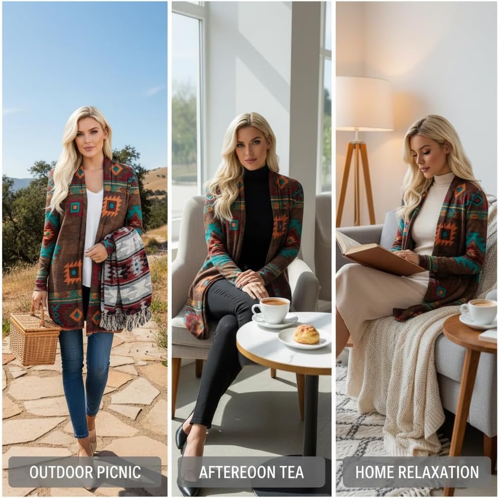 Women's Boho Aztec & Paisley Printed Open Front Cardigan, Long Sleeve Multicolor Ethnic Pattern Casual Layering Jacket - Image 4