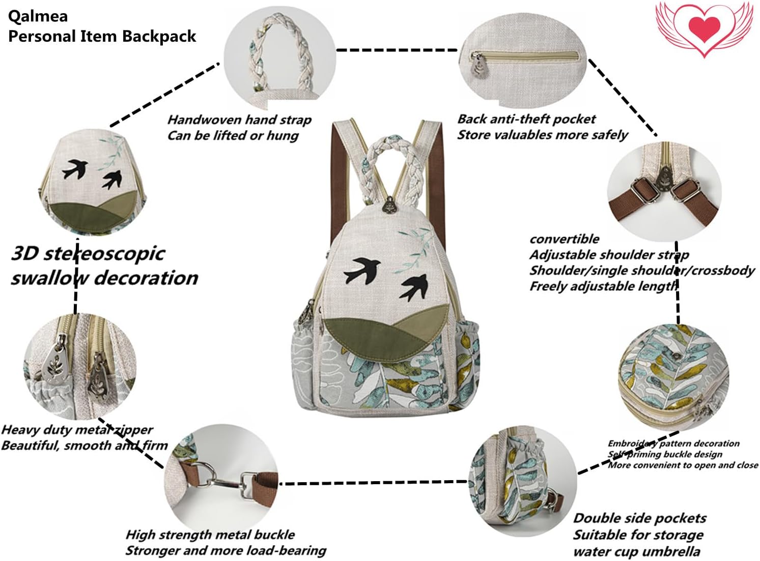 Boho Cotton Linen Backpack Multi-Pocket, Convertible, Ideal Gift for Women, Girls, and College Students Bee - Image 2