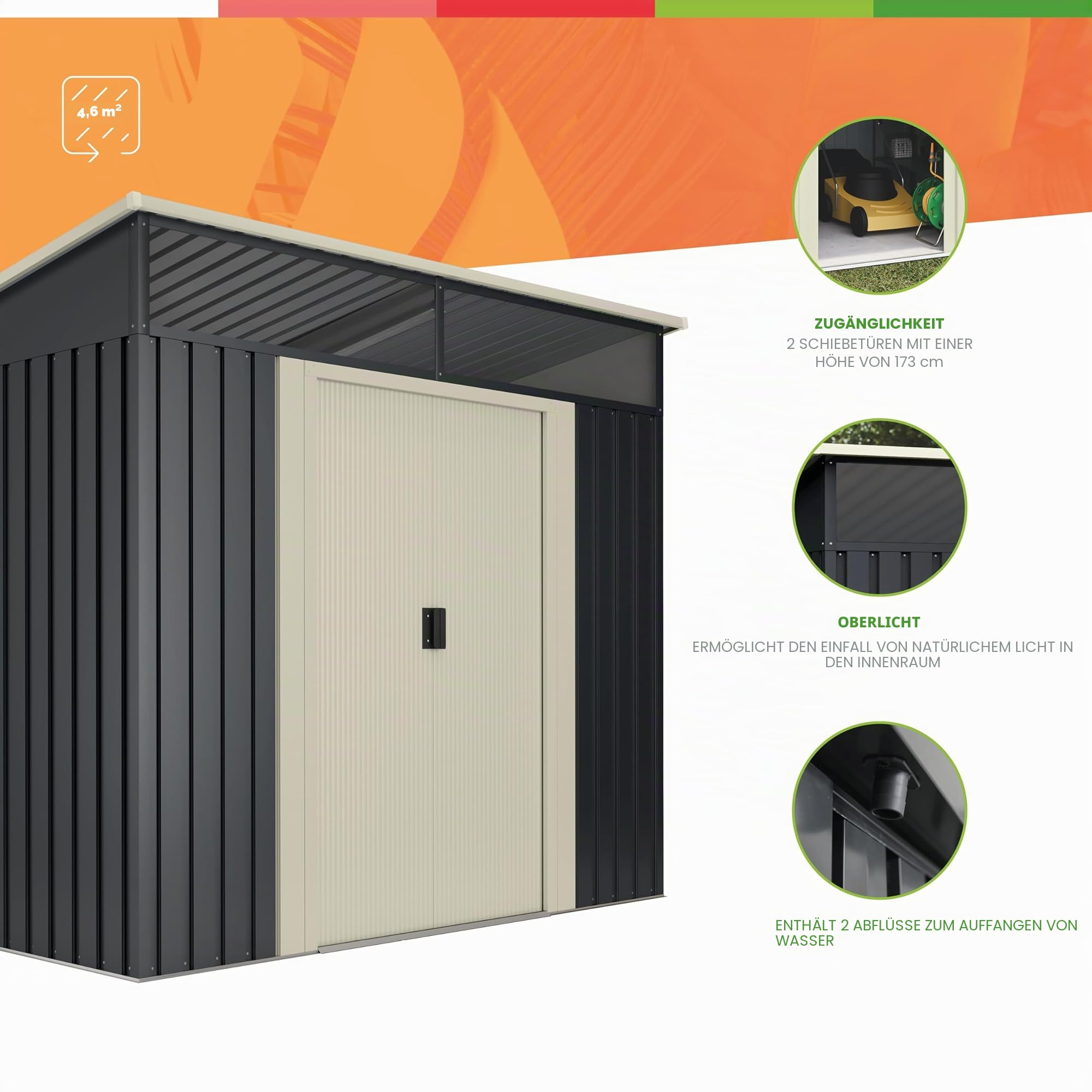 Wasabi - Gartenhaus Metall 4,6m2 Stark – 238 x 193 x 203cm - Oberlicht - Doppelte Schiebetür – Anthrazitgrau – Geräteschuppen XL – Gerätehaus Outdoor Wetterfest