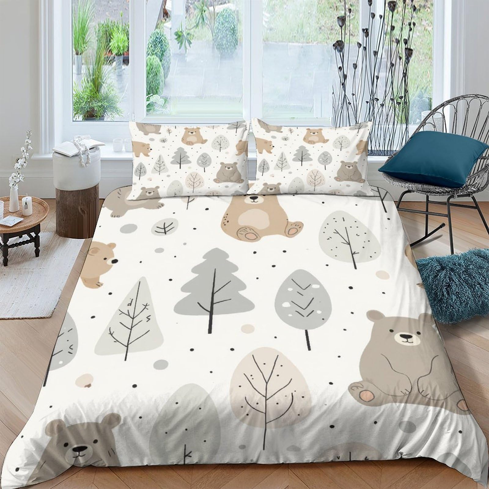 TUFRTGYHN 3D Printed Bear Forest Duvet Cover Microfiber Soft Breathable Tree Woodland Bedding Set with 2 Pillowcases for Bedroom Decor Single（135x200cm）