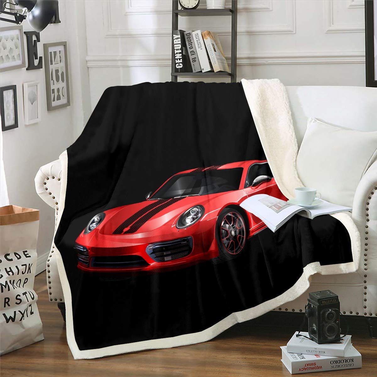 Coperta in pile per auto sportiva rossa Sherpa per sport estremi, coperta in pile, per divano, letto, modello moderno, in flanella, 127 x 152,4 cm