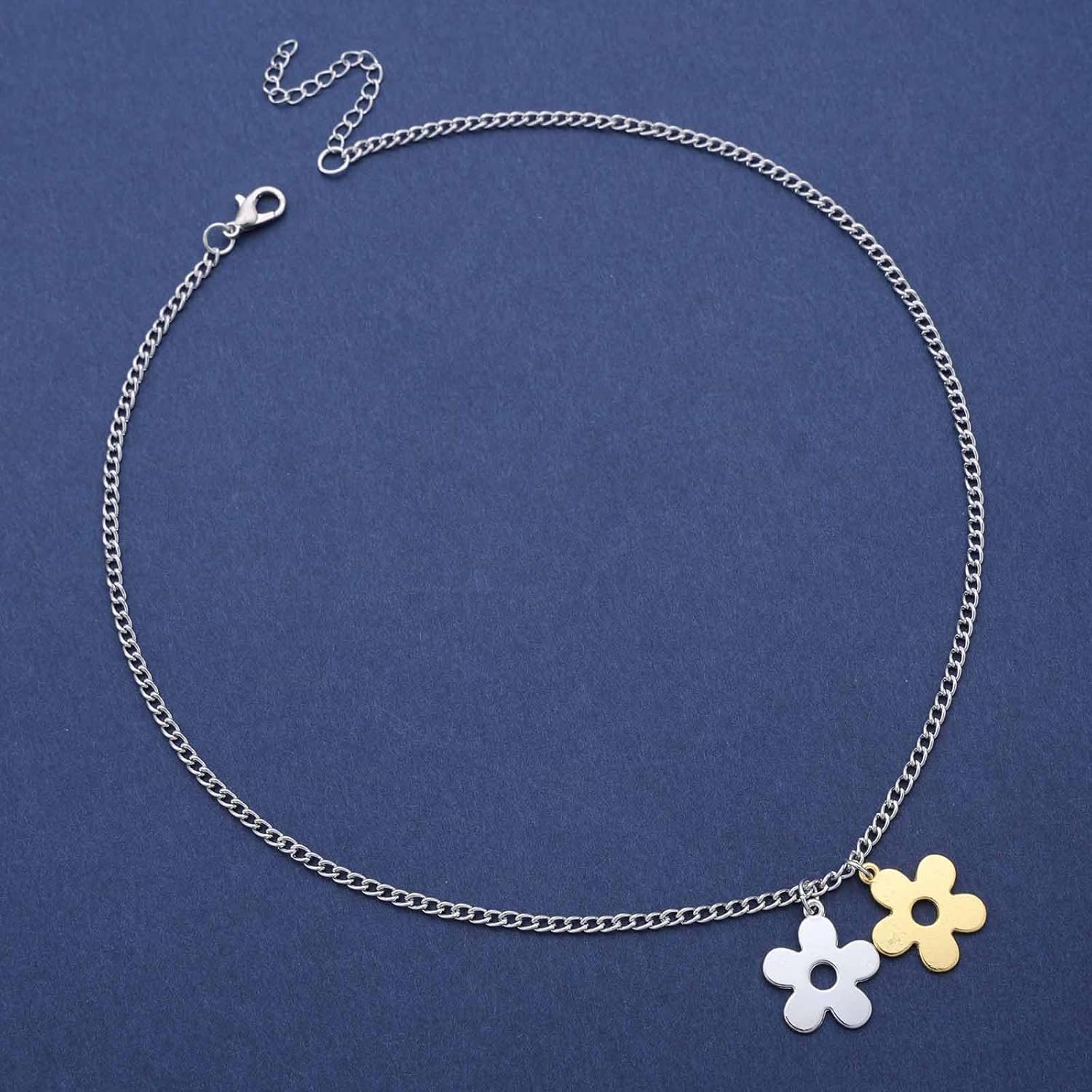 Boho Flower Pendant Necklace Silver Double Flower Choker Necklace Vintage Hollow Flower Necklace Adjustable Flower Petal Chain Necklace Jewelry for Women - Image 3