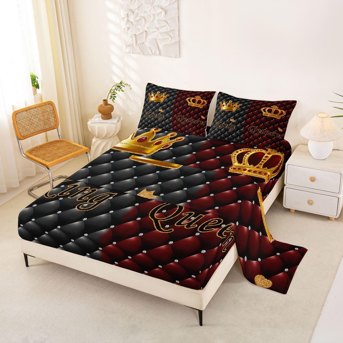 Manfei Queen King Crown Bed Sheet Set Queen Size Happy Valentine's Day Mattress Cover Modern Geometric Check Sheets for Boys Girls Bedroom Red Gray Soft Flat,Fitted Sheet Pillowcase 4Pcs