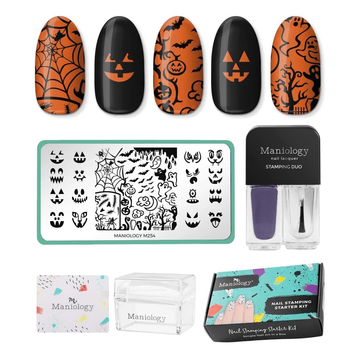 Maniology Playful Pumpkins Nail Stamping Starter Kit | Cute Halloween Designs with Pumpkins, and Spooky Fun DIY Manicures – Includes Stamping Plate, Polish, Top Coat, Stamper & Scraper Card