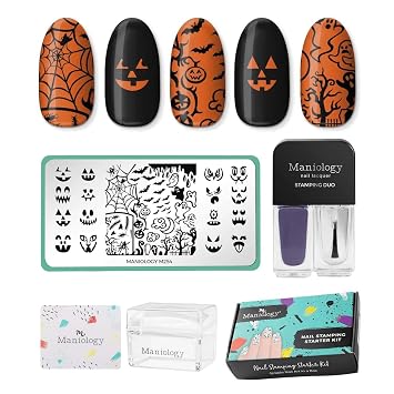Maniology Playful Pumpkins Nail Stamping Starter Kit | Spooky Nail Art Set | Pumpkins, and Spooky Fun Patterns for DIY Manicures Includes Stamping Plate, Polish, Top Coat, Stamper & Scraper Card