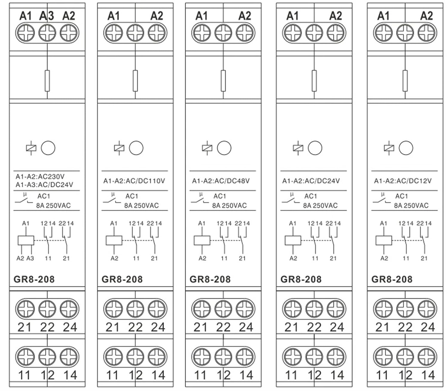 1Pcs GR8 Intermediate Relay AC/DC12V 24V 48V 110V AC230V Auxiliary Relay 8A 16A 1SPDT 2SPDT 3SPDT Electronic Relay Switch(GR8-316 ACDC24V)