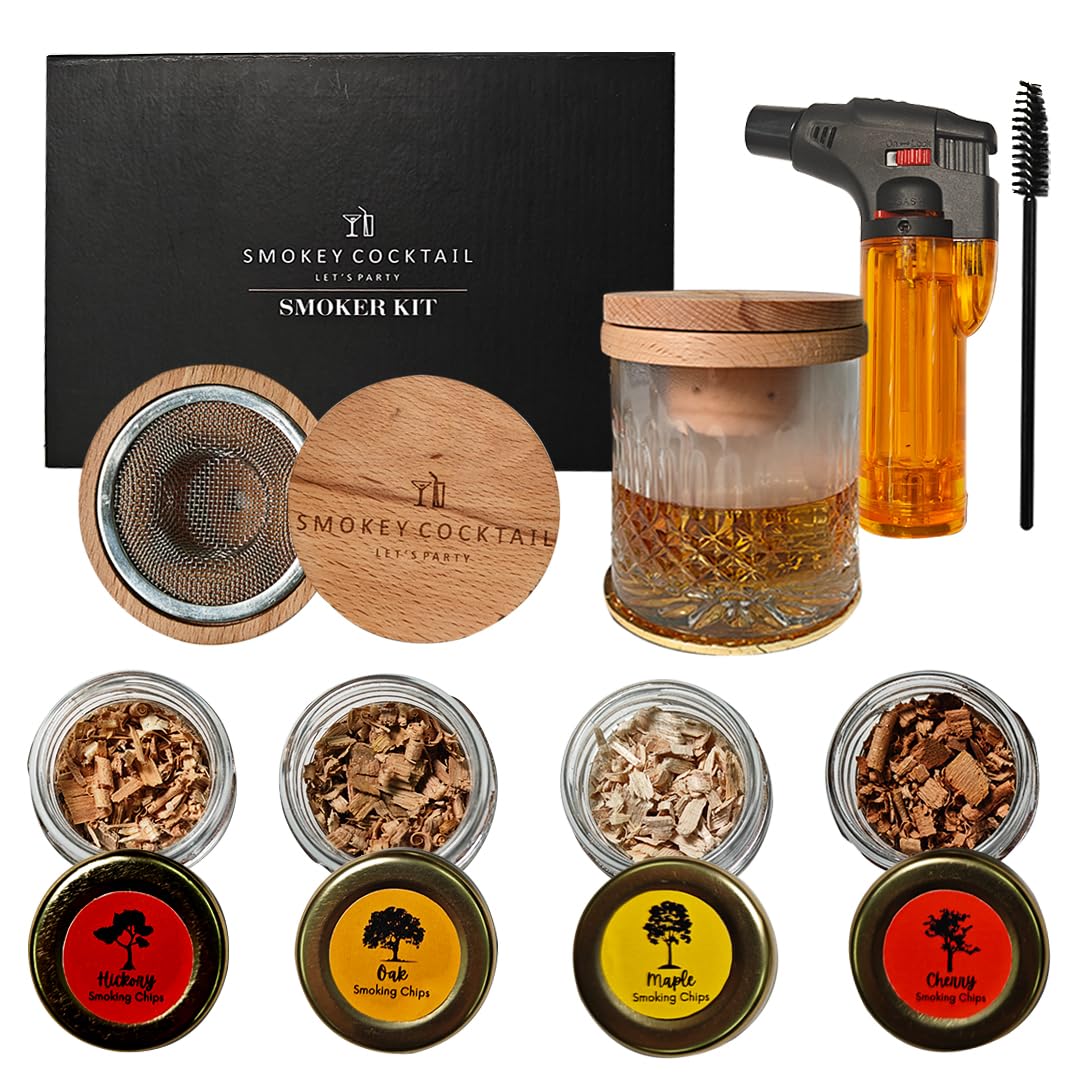 Smokey Cocktail Smoker Kit with Torch for Burbon Smoker Kit with 4 Natural Wood Chips | Old Fashioned Drink Smoker Kit - Bourbon and Whiskey for Best Gift for Husband, Father and Cocktail Lovers