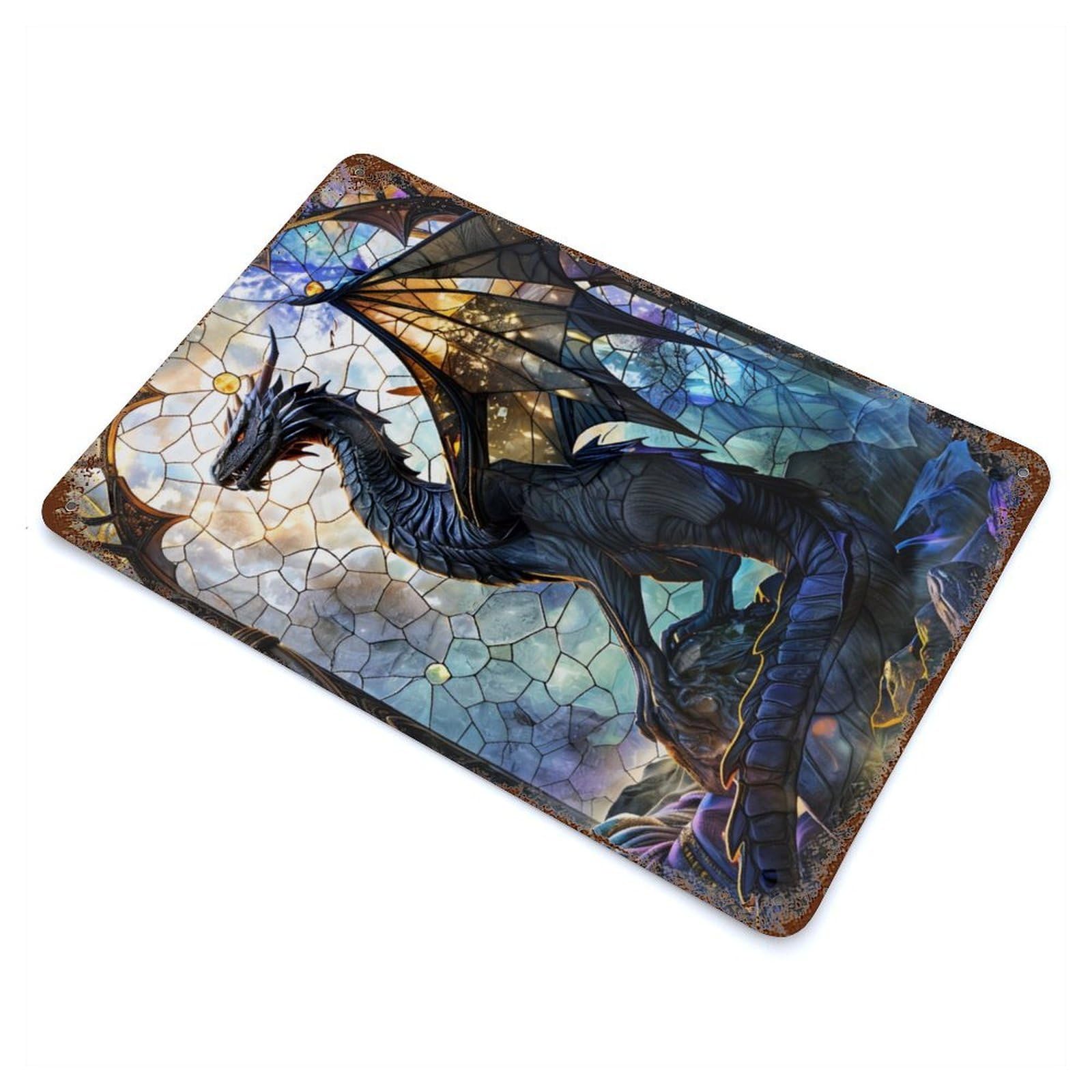 Rustic Tin Plaque with Tranquil Stained Dragon Design 11.8"x7.9", for Pub, Kitchen And Man Cave Decor, Old School Wall Decor