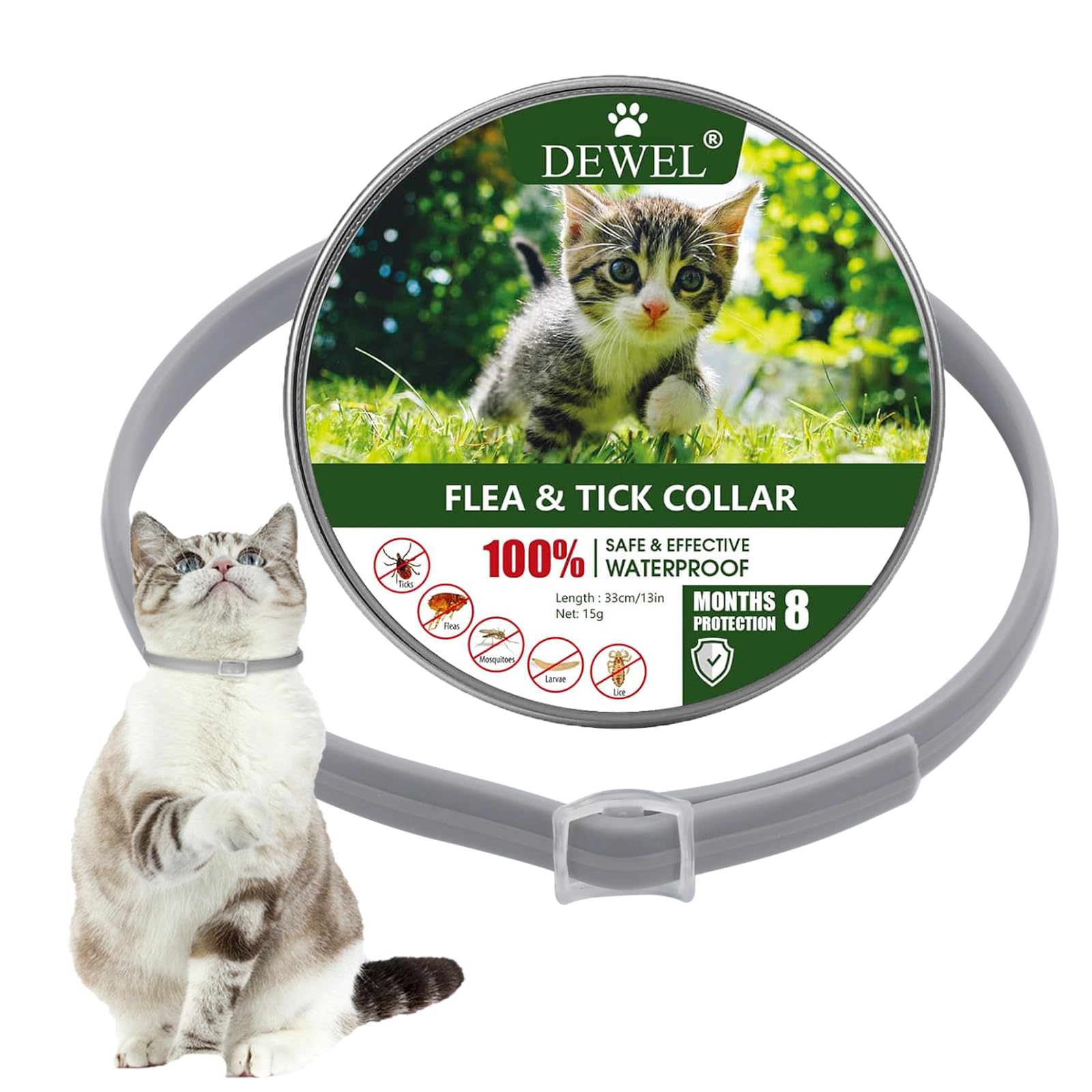 DEWEL Collar Antipulgas para Gatos, Collar Antiparasitario 8 Meses de Protección, Collar contra Pulgas y Garrapatas 34,5 cm para Gatos y Perros Pequeño (1, Gato)