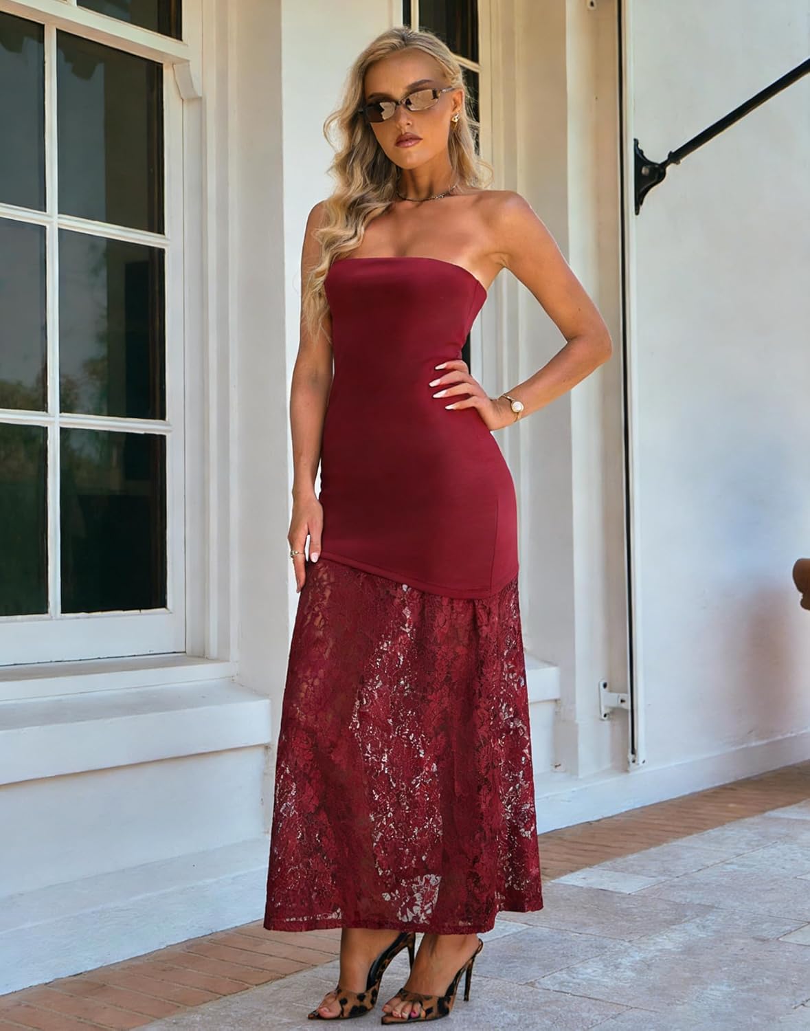 HYPERFIRE Wedding Guest Dresses for Women Summer Strapless Backless Tube Top Maxi Dress with Lace