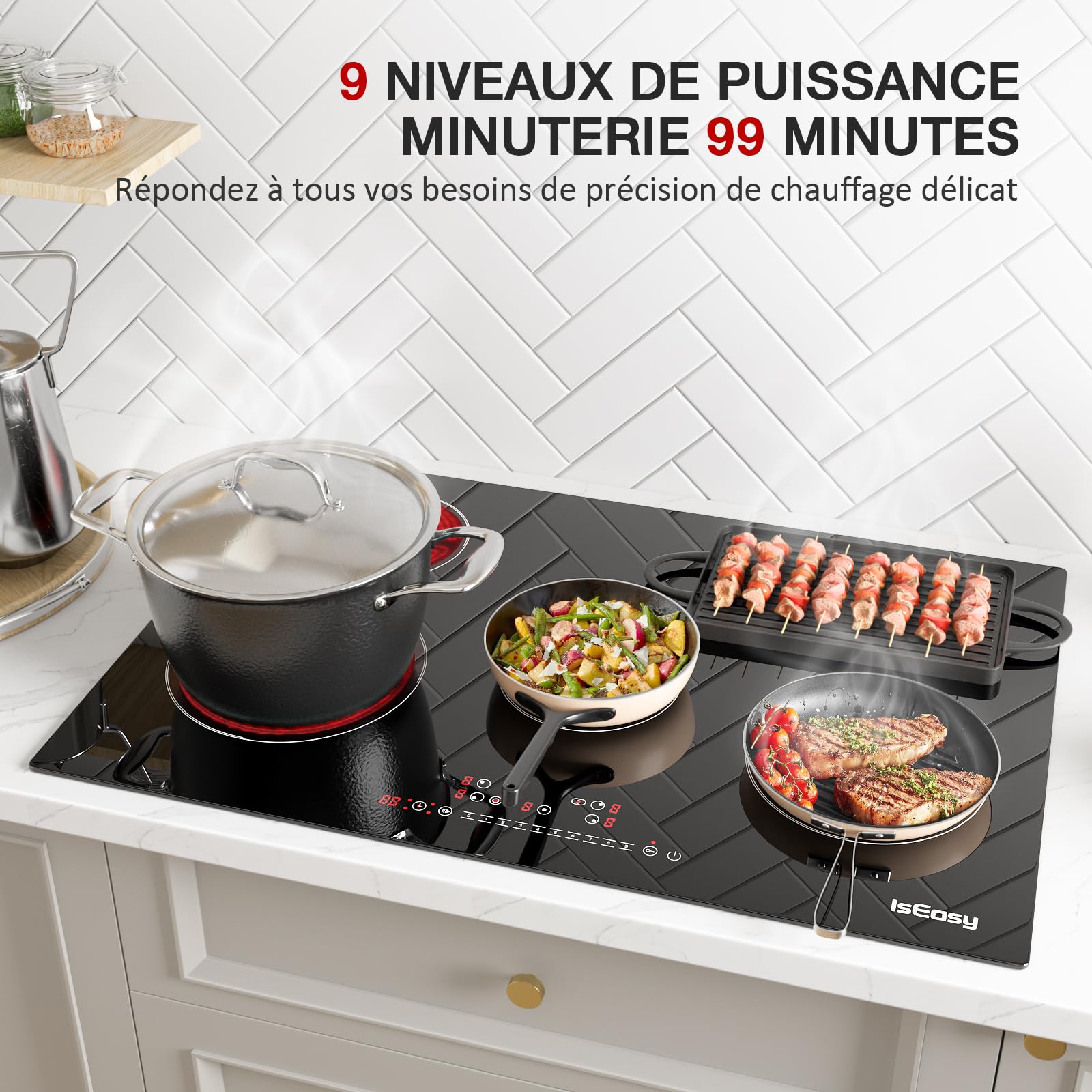 Piano Cottura in Vetroceramica 5 Fuochi, Piano Cottura Elettrico, 77cm, 8600W, 4 Zone di Cottura, 9 Livelli di Riscaldamento, Timer, Controllo Tocco, Sicurezza Bambini