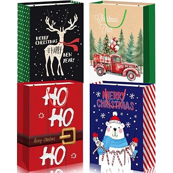 DECHISY Pack of 4 Large Christmas Bags Gift Bags Christmas XXL Gift Bags Christmas with Handle for Storing Gifts Party Accessories 42 x 30 x 12 cm