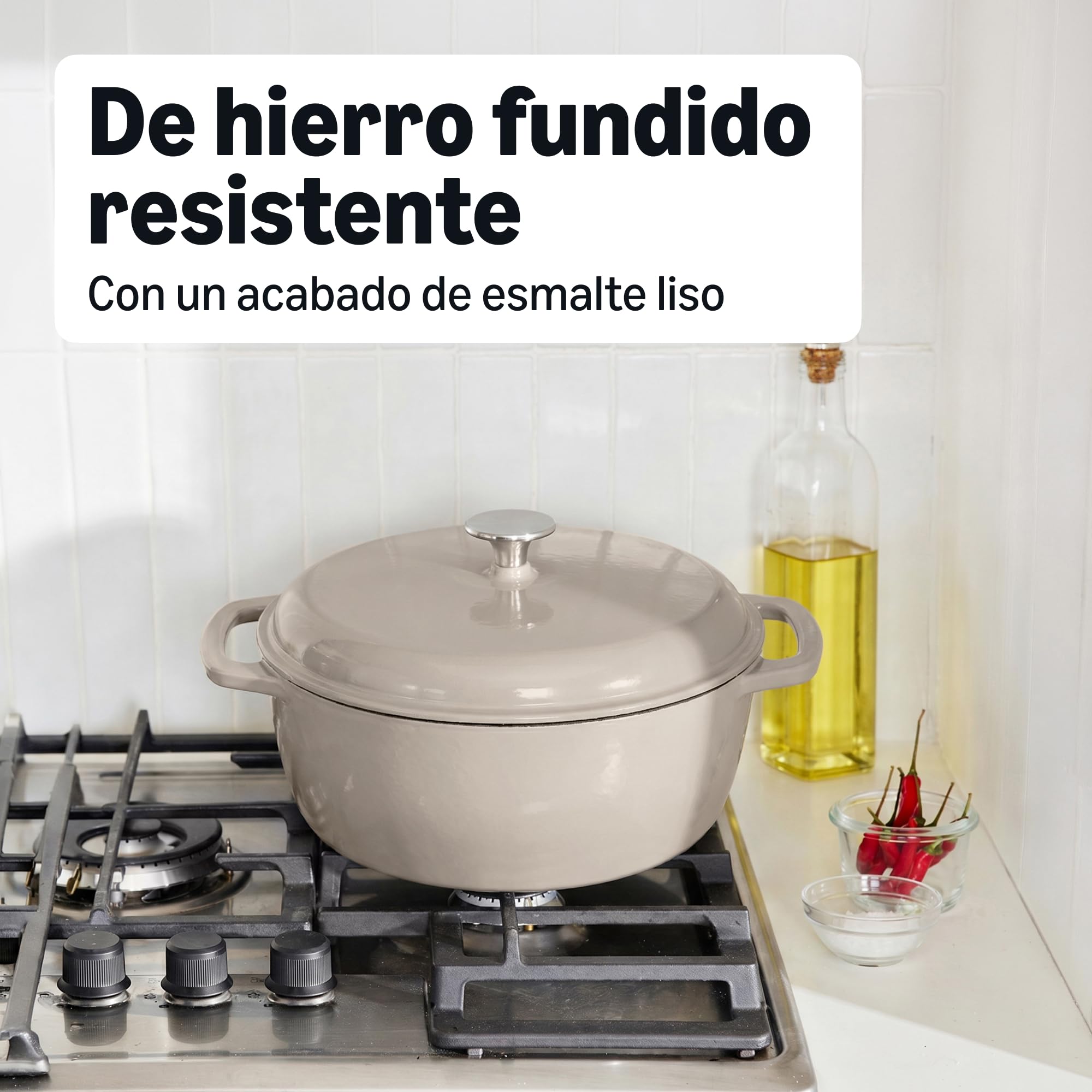 Amazon Basics Horno Holandés de Hierro Fundido con Tapa, Esmaltado, Doble Asa, Redondo, Resistente, Pequeño, 4.1L, Gris Lino