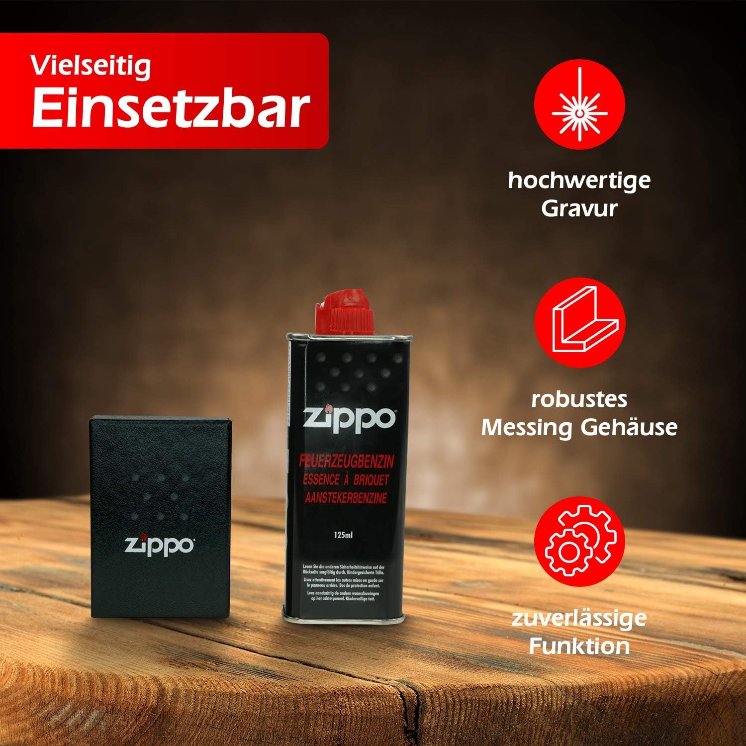 Zippo-Store Zippo Sturmfeuerzeug Geschenk-Set - 1 Flasche Benzin (125ml) - 6 Feuersteine - mit Gravur - inkl. Geschenketui - Wind- und Wetterfest Motiv Original-Exklusive