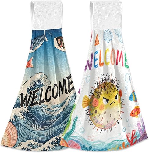 Toallas colgantes para cocina con punta de dedo para baño, bienvenida, pescado, japonés, retro, impreso, bienvenida, lápiz de pescado, juegos de