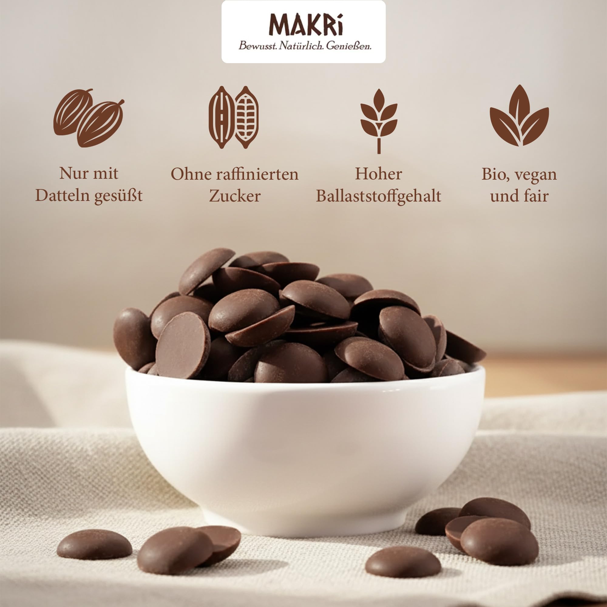 Makri Dattelschokolade Schokodrops 59% Kakao Vegan Bio Fair gehandelt ohne raffinierten Zucker 1 kg