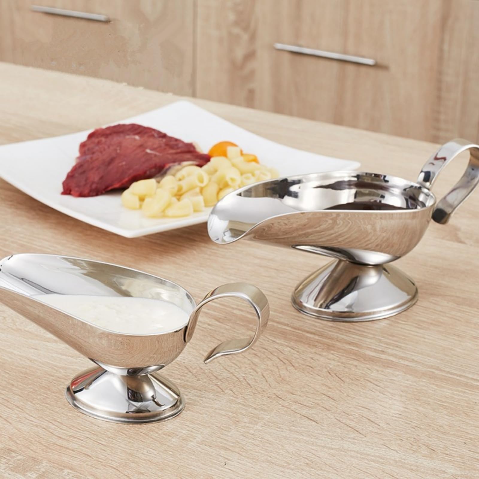 Salsiera in acciaio inox da 236 ml, con beccuccio e manico facili da versare, piatto da portata per condimenti per insalata, lattiera, brodo, pepe nero