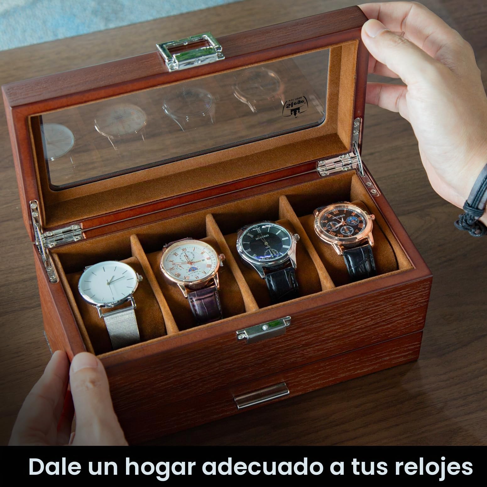 Slege Caja de Relojes de Madera,con 4 Compartimentos de 2 Niveles,Caja para Relojes Hombre,Estuche Relojero Organizador con 1 Cajón,Cubierta de Vidrio,Organizador para Hombres y Mujeres Regalo,Marrón