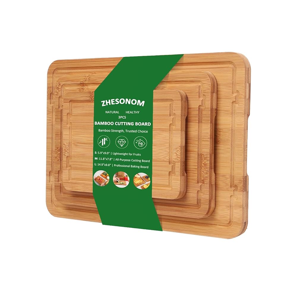 Bamboo Cutting Boards Set of 3, Wooden Chopping Boards with Juice Grooves & Handles for Meat, Vegetables, Cheese Knife-Friendly, Easy Clean Ideal Kitchen Gift for Home Cooks & Wedding