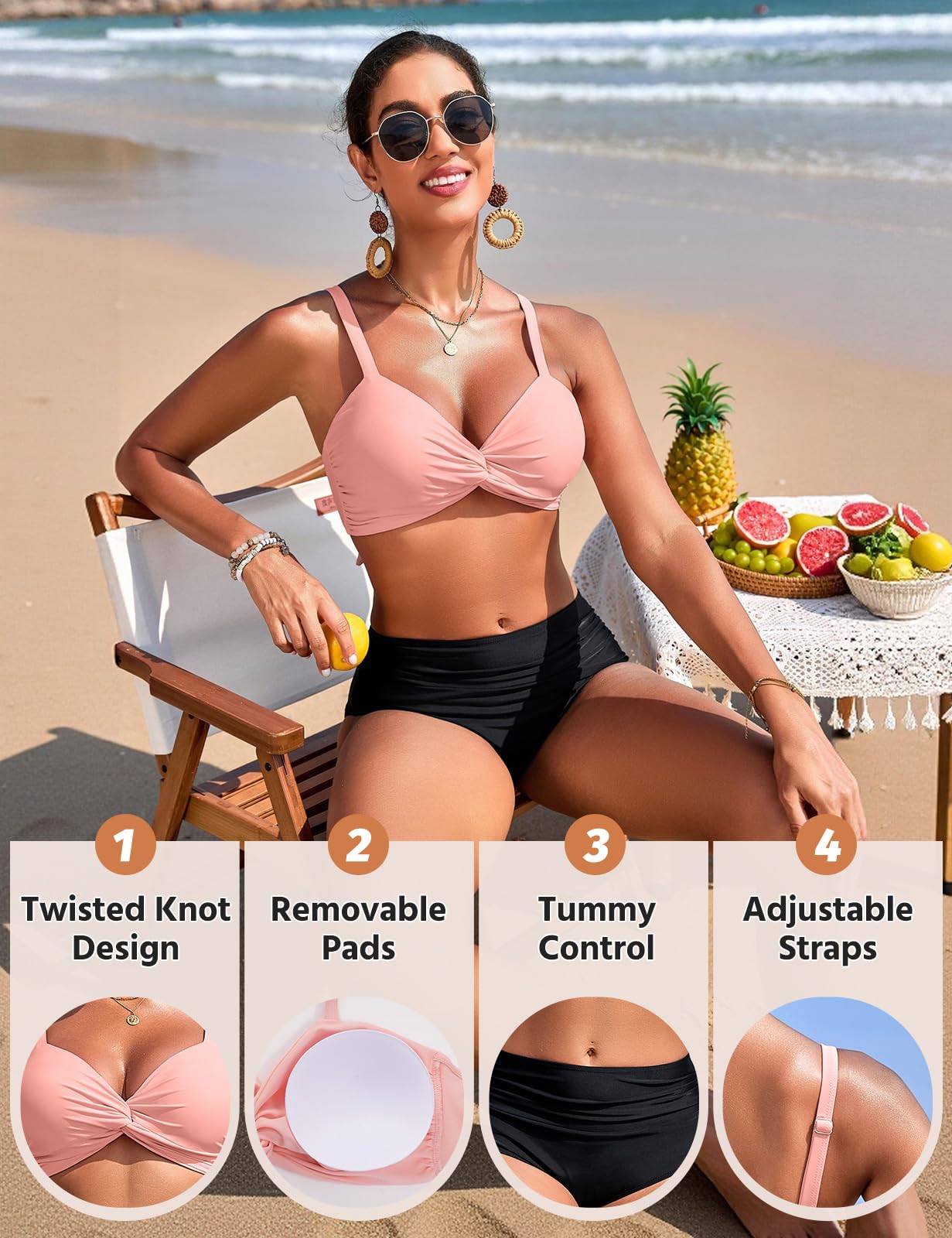 Nadeer Traje de Baño Sexy Push Up Cuello en V Dos Piezas Twist Front Bikini Control de Vientre Cintura Alta Ropa de Playa