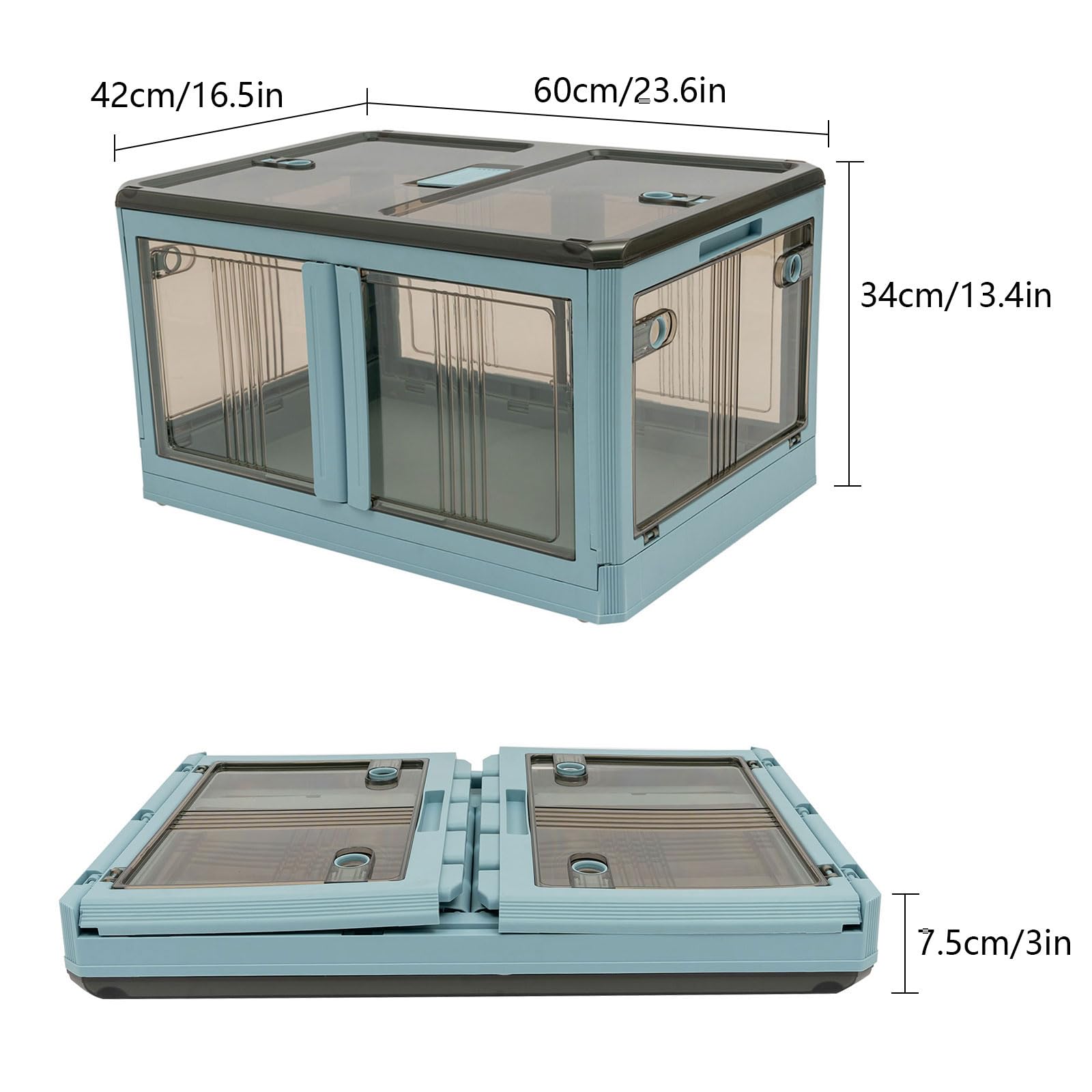 60 x 42 x 34 cm, caja de almacenamiento plegable, apilable, con tapa, transparente, estable, cesta de la compra apilable, cesta de transporte de plástico natural, cesta plegable para habitaciones y