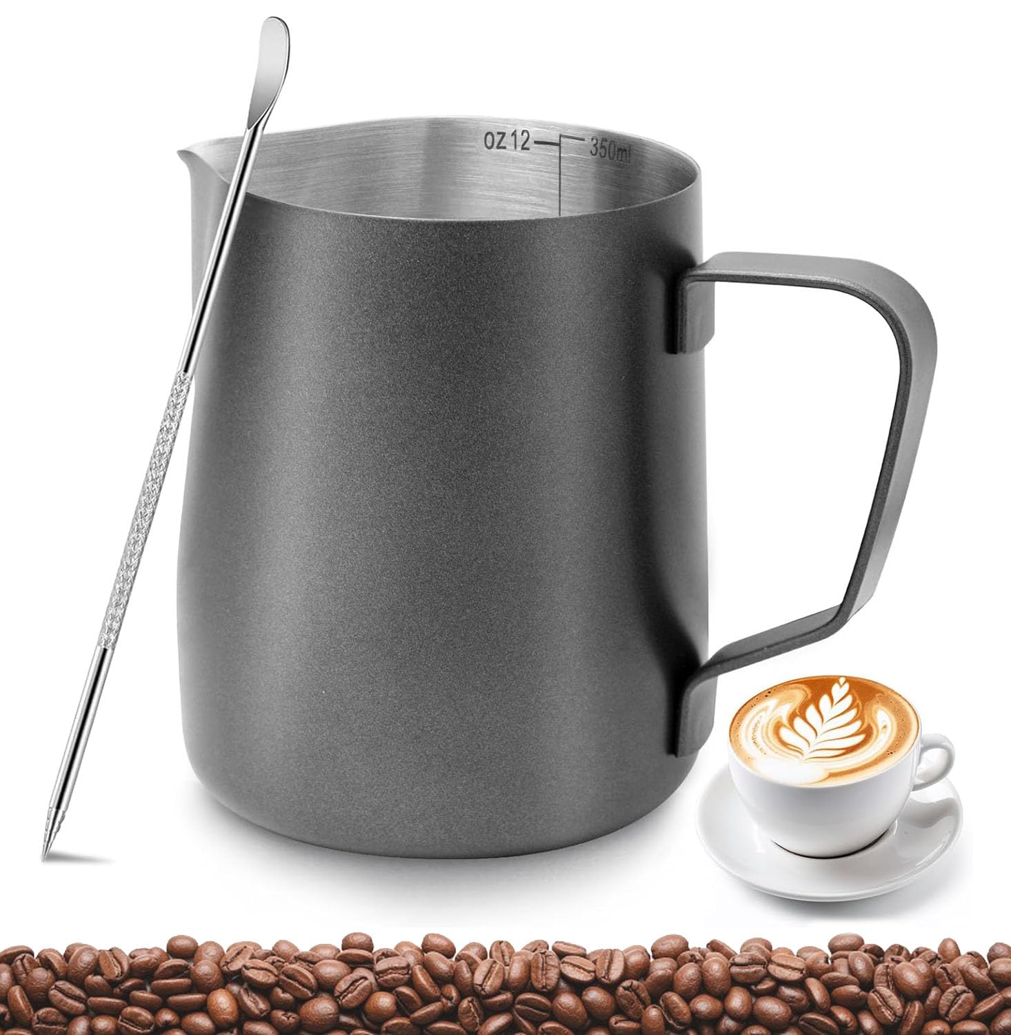 PLACHIDAY Milk Frothing Pitcher 350ml/12oz, Stainless Steel Milk Jug with Measurement Mark, Latte Art Pen, Black