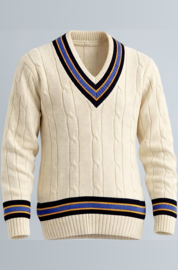Cricket Sweater Long Sleeves | Men White Sweater | Winter Woolen V Neck Full Sleeve