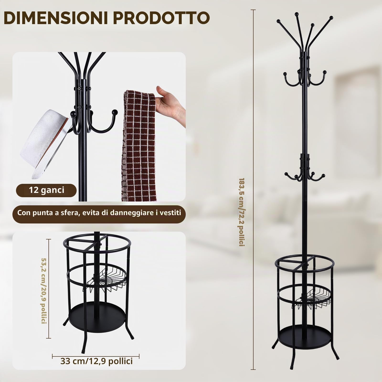 Appendiabiti in metallo con portaombrelli 12 ganci per corridoio, 182 cm, autoportante, appendiabiti per vestiti, cappelli, borse, utilizzato in ingresso, soggiorno, camera da letto, ufficio
