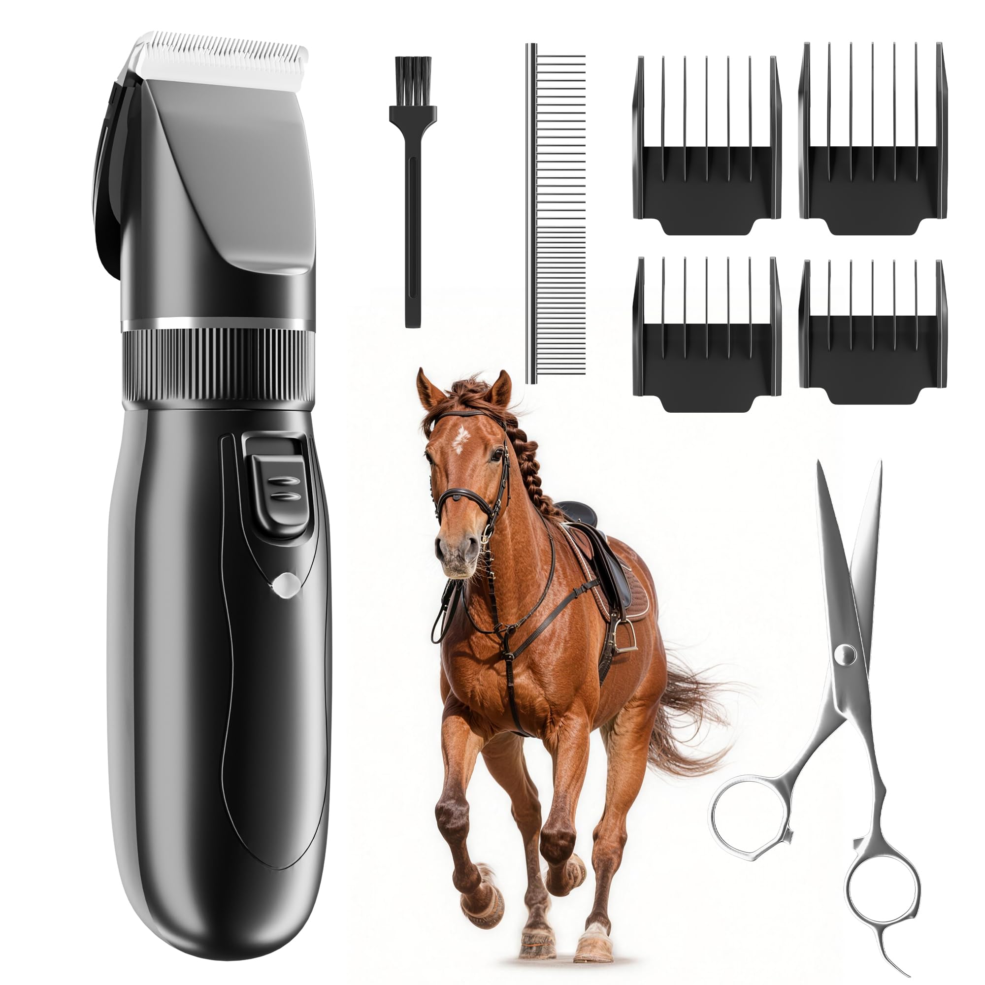 Horse Clippers Cordless, Electric Horse Clipper for Thick & Matted Coats, Low-Noise Cordless Horse Clippers with 7.4V Motor, Titanium-Ceramic Blade, 2 Rechargeable Batteries, 4 Guide Combs