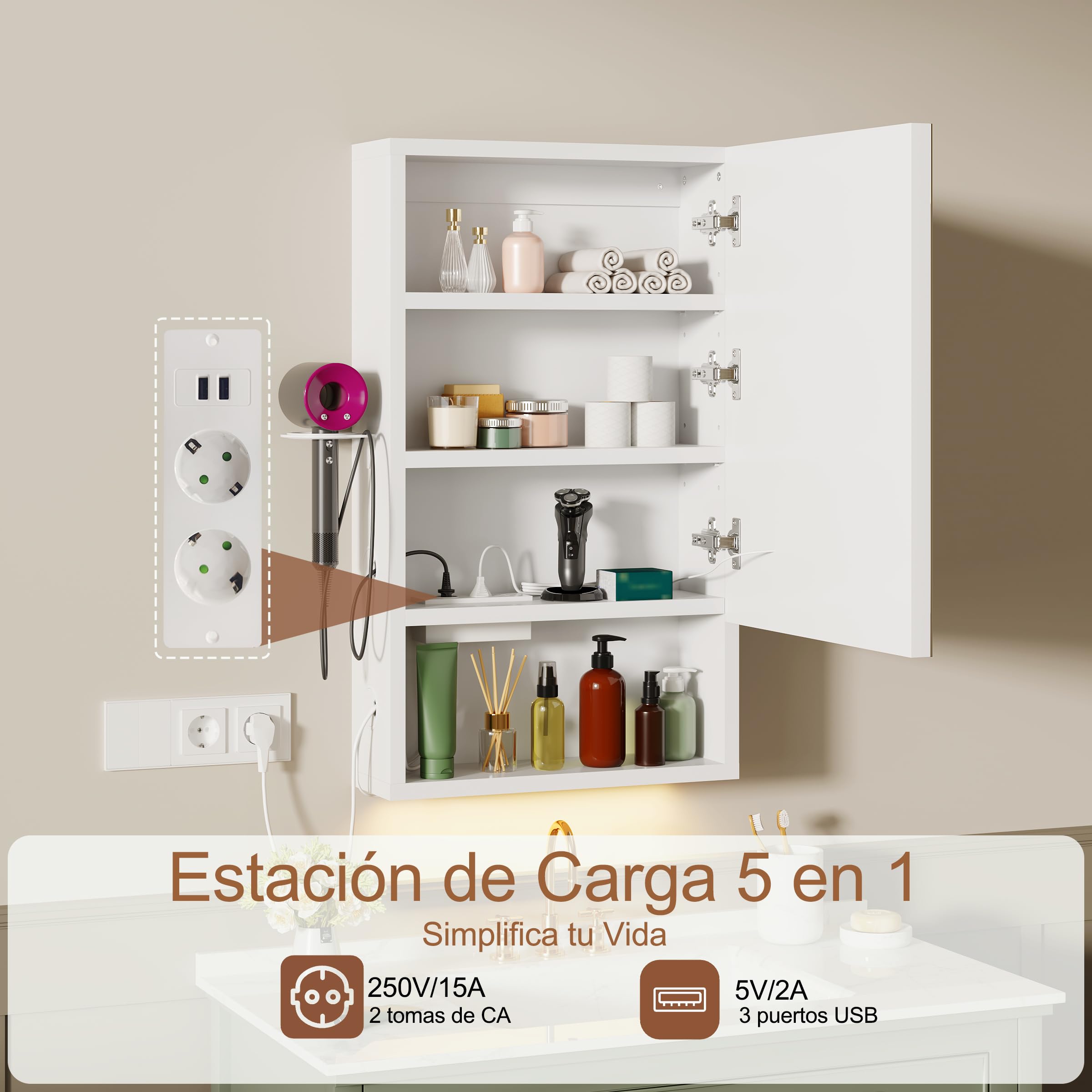 Armario Baño con Espejo LED iluminación y Función de desempañadora Armario Baño Espejo de Pared con reloj y pantalla de temperatura, Enchufe,4 compartimentos y Soporte para secador de Pelo,47x80x16cm