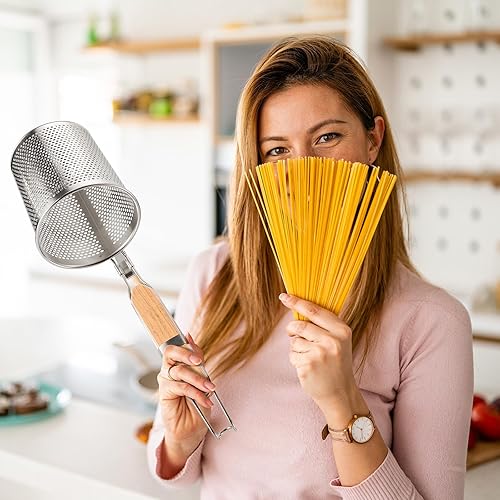 Miniatura 5 de Tessco - 4 coladores de pasta, 4.7 x 5.2 pulgadas, cesta de pasta de acero inoxidable con mango de madera, colador de araña, desnatador de cocina