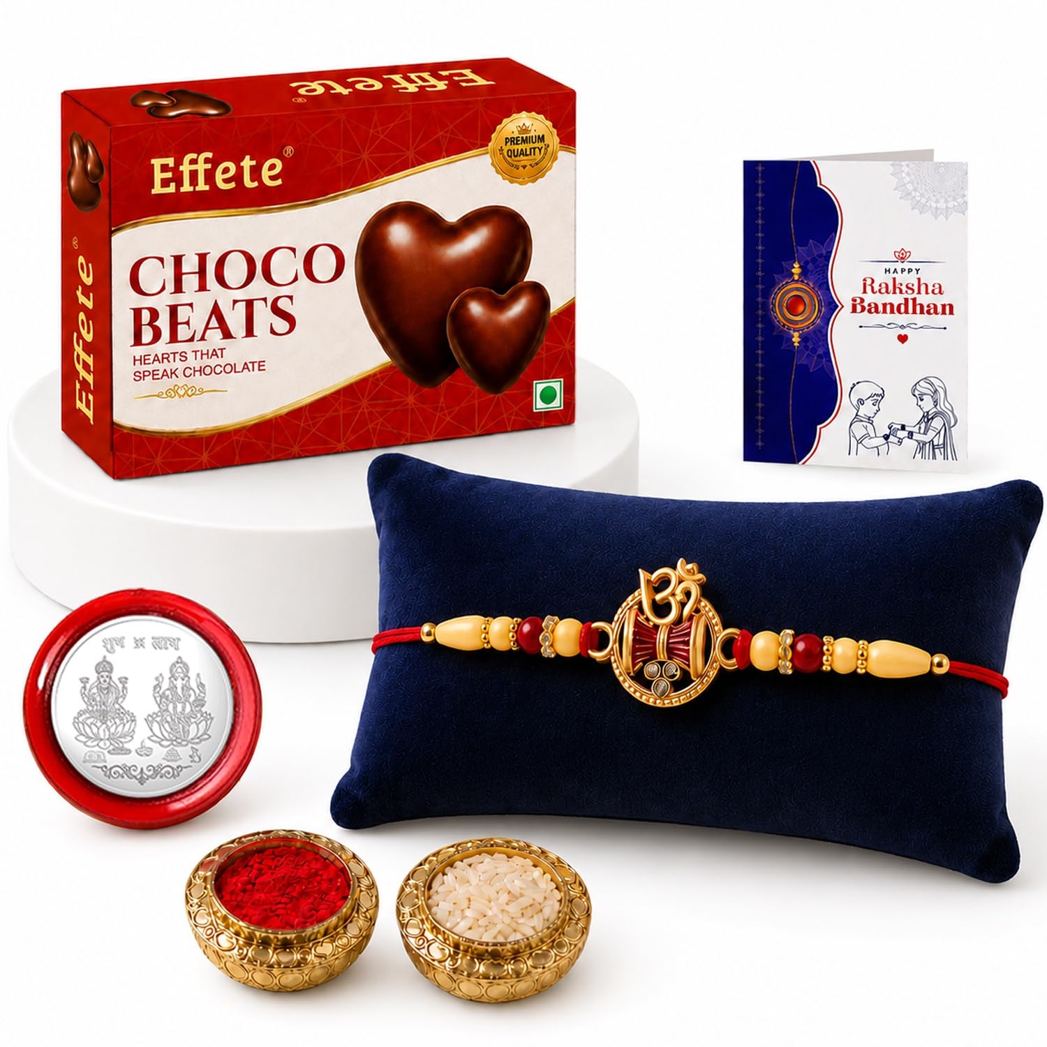 Oblivion Rakhi with Chocolate for Brother – OM Damru Design Colorful Rakhi with Chocolate (32g) with Silver Color Pooja Coin, Greeting Card & Tilak Set – Raksha Bandhan Combo (K1_259_CB32)-image-2