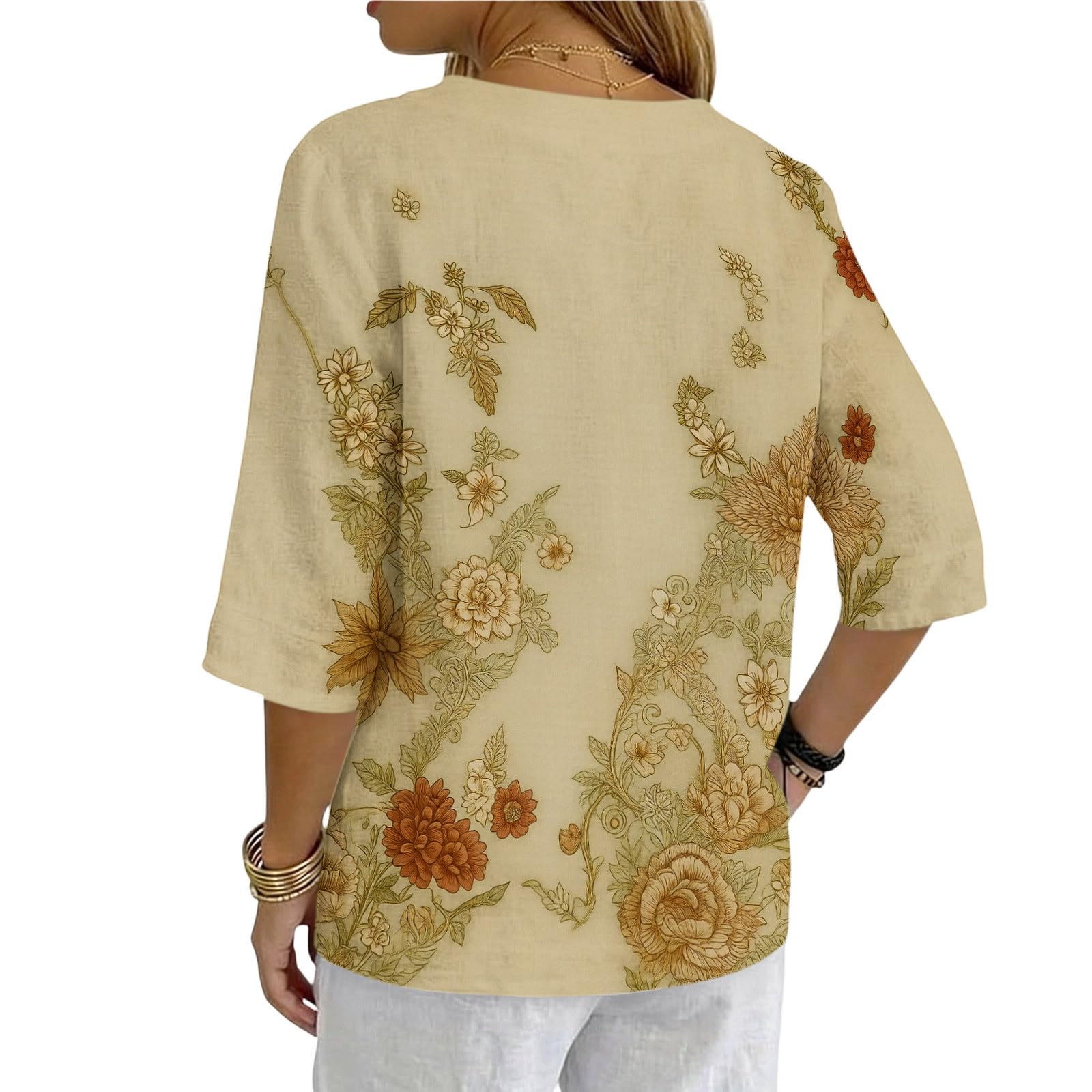 Bluse Damen Elegant V-Ausschnitt Oberteile 3/4 Arm Sommer T-Shirt Einfarbig Knopfleiste Leinenblusen Retro Lässig Locker Blusenshirt Basic Tunika Shirt Urlaub Leicht Hemdbluse Druck Top - 4