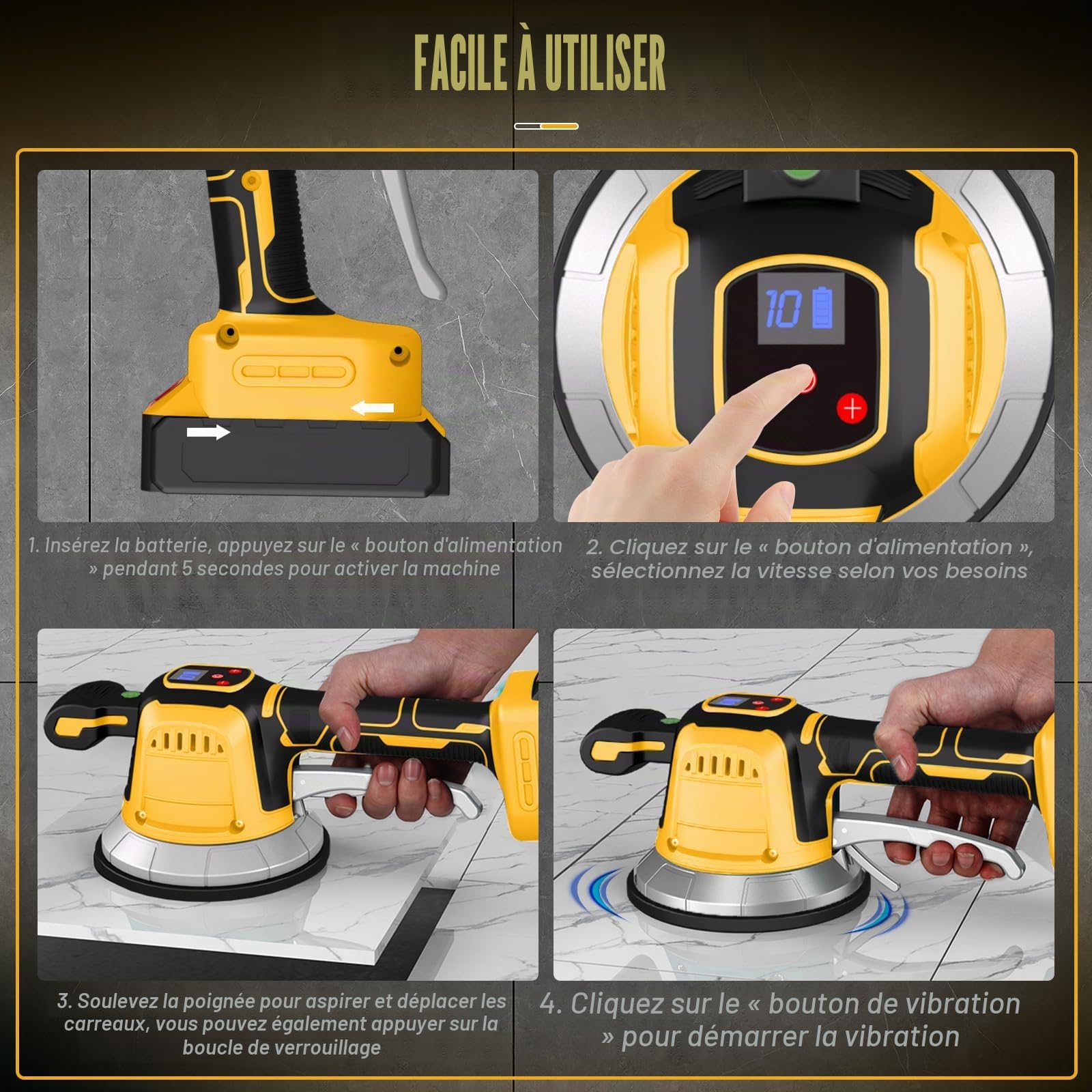 Machine à Carreler Électrique pour Dewalt 18V,20v, Vibreur de Carrelage Ventouse 148 x 148 mm 10 Vitesses Réglables Capacité de 160 kg de Carrelages & Carreaux Muraux (Sans Batterie)