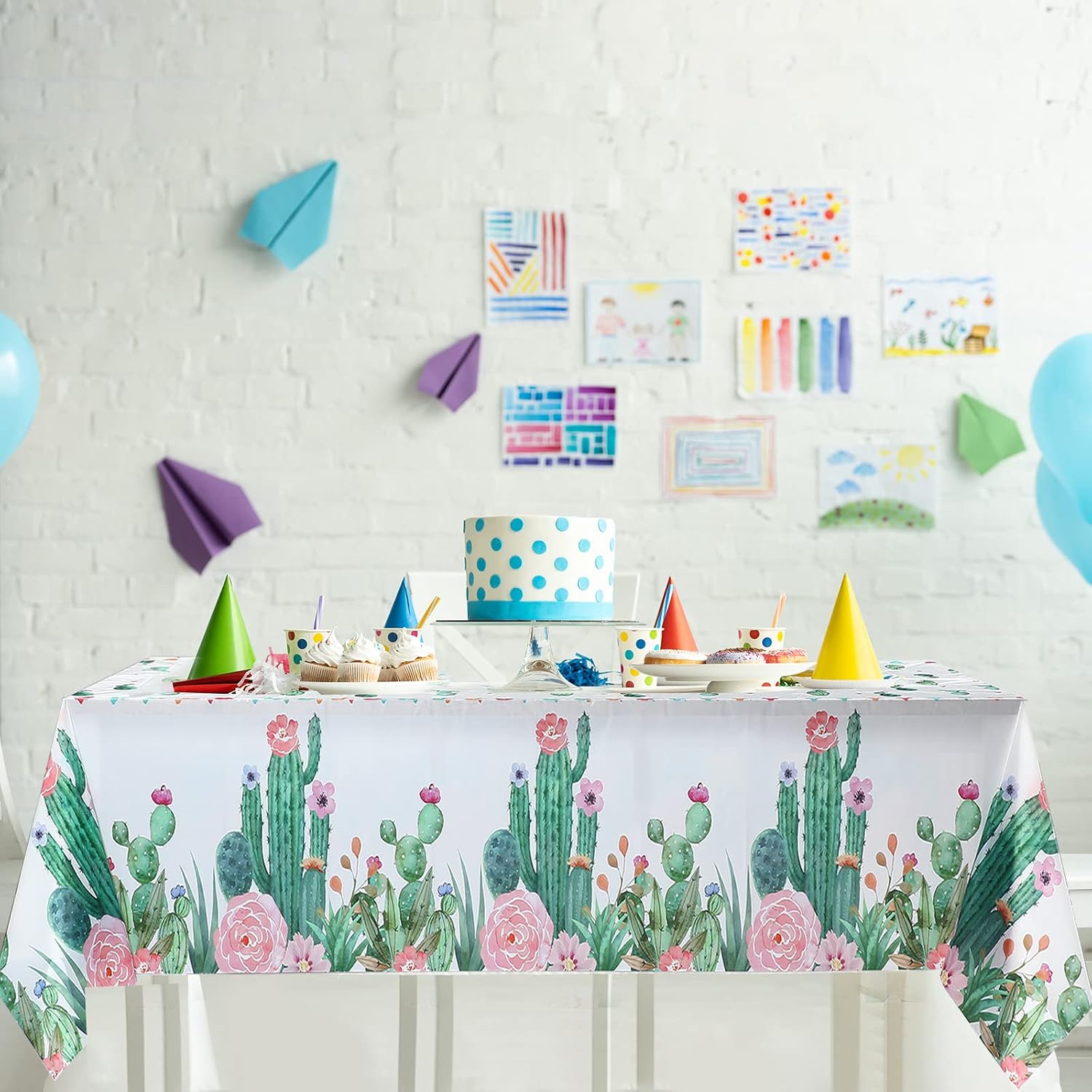 Breling 3 Piece Watercolor Cactus Tablecloth Plastic Waterproof Table Cover for Birthday Party Decorations Kitchen Dining Room Party Supply, 108 x 54 Inches