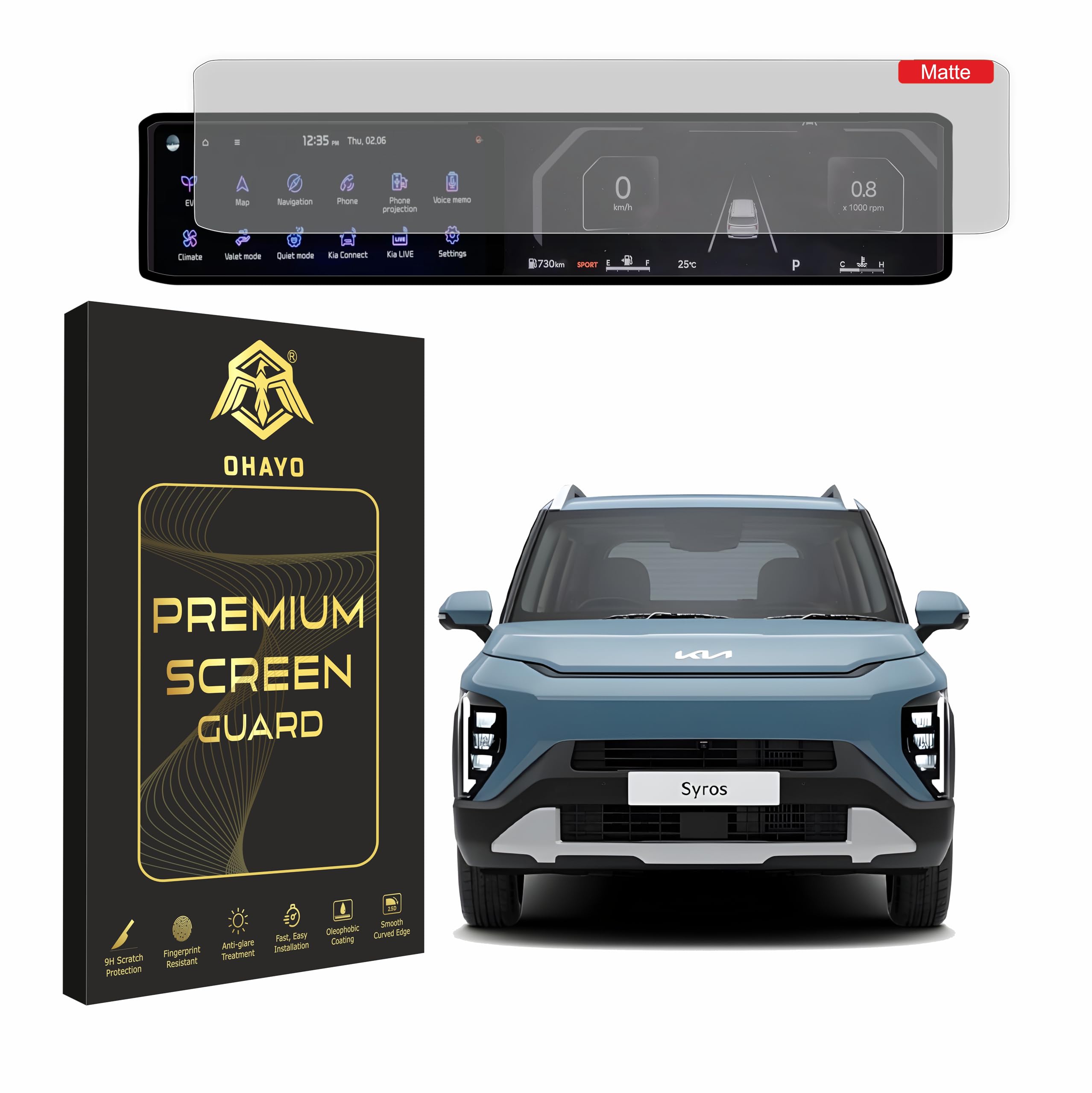 OHAYO Military Strength Screen Protector For Kia, Strong Protection, Full Screen Edge-to-Edge Cover, Scratch Resistant, Bubble-Free Install, Ultra HD Clarity,With installation kit (For NEW KIA SYROS(Matte))-image-1