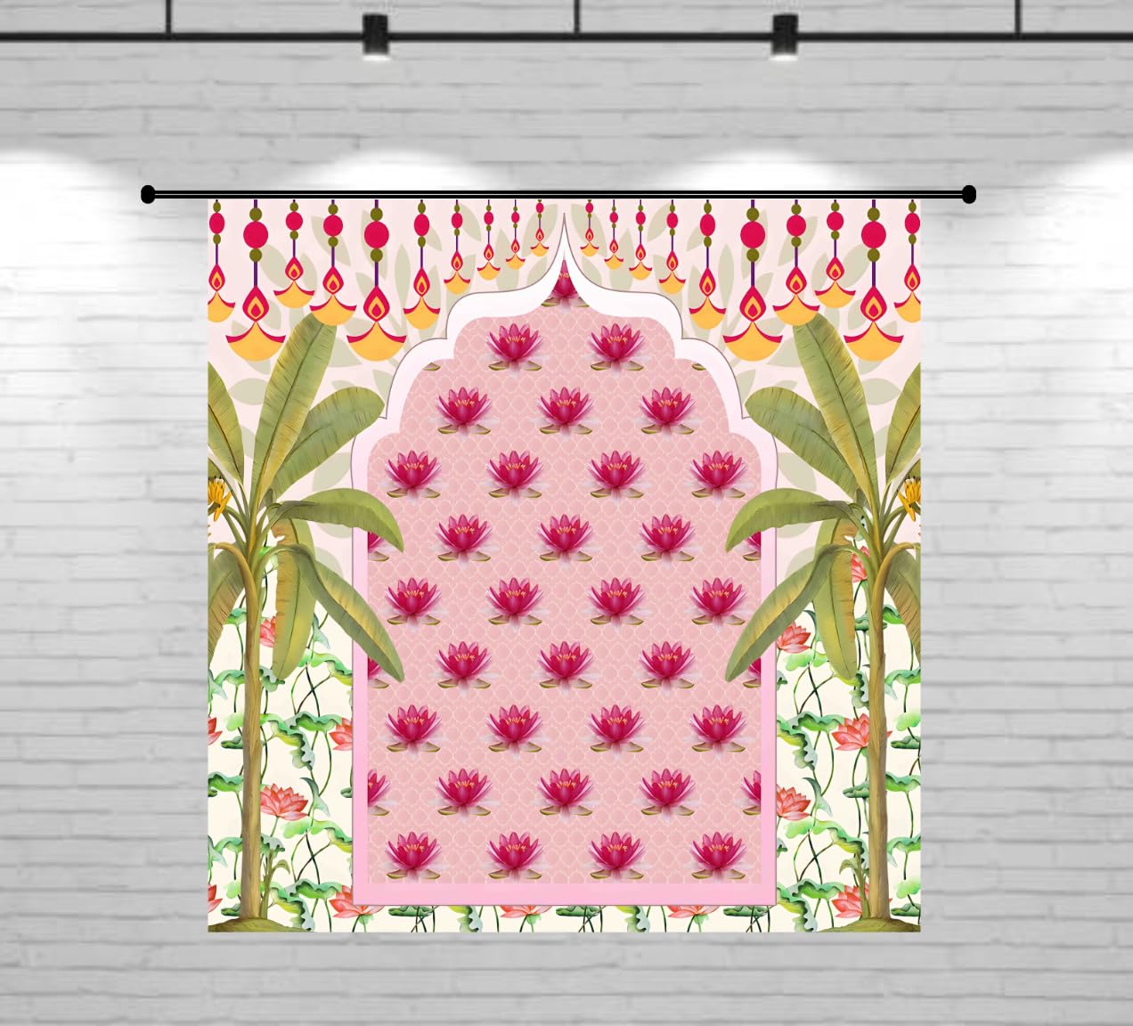 UL Pink Lotus with Banana Tree Backdrop 8x8 ft – HD Printed Polyester Pooja Mandap Decoration with Curtain Rod Loop |-image-34