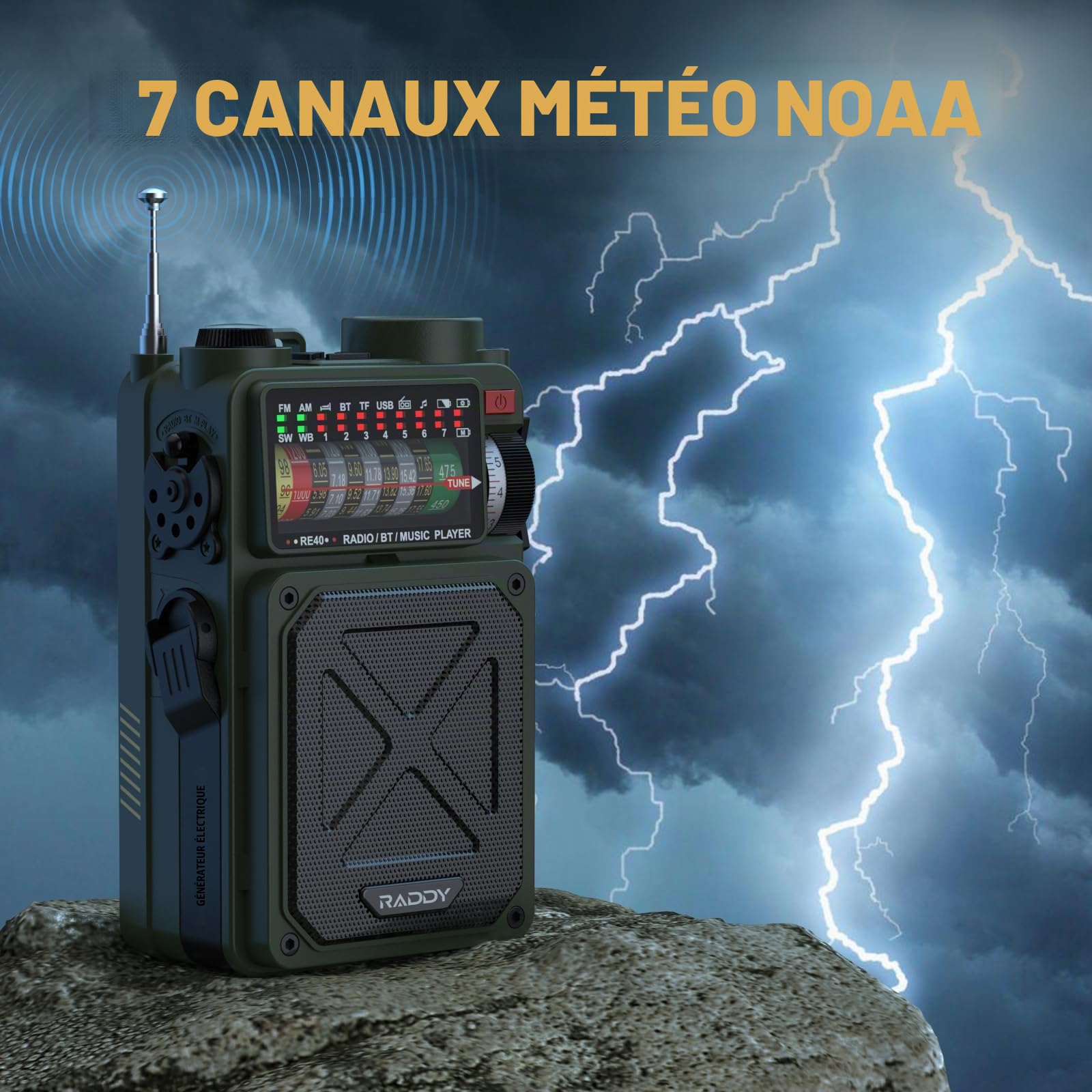 Radio à Ondes Courtes Raddy RE40 Récepteur FM/AM/SW, Radio à manivelle avec Haut-Parleur BT à Piles 4000 mAh, avec Bruit Blanc, SOS, Prise en Charge USB, Carte Micro SD