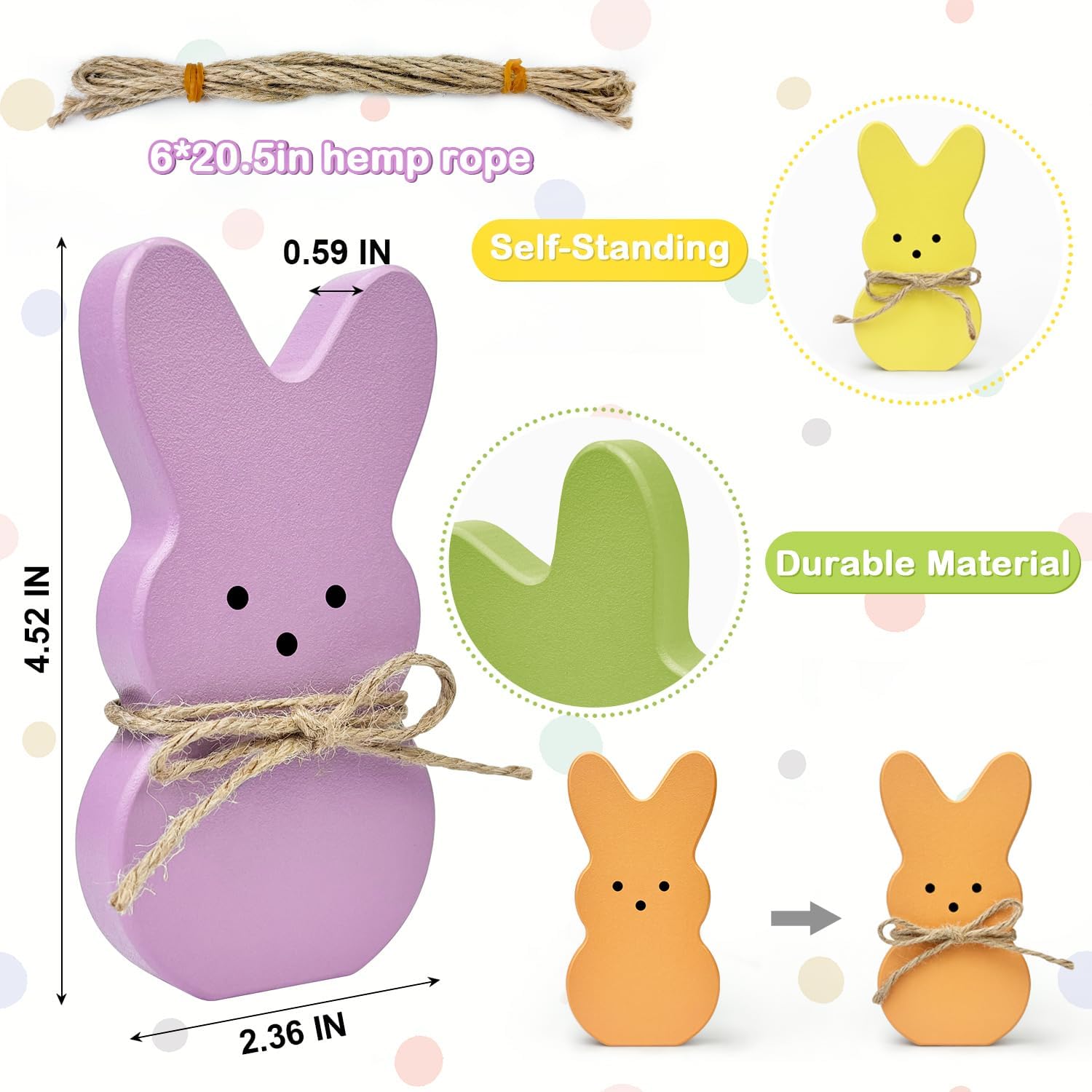 Easter Bunny Decorations for Home Table,6 PCS Spring Wooden Peeps Centerpiece Signs Decor with Hemp Rope for Indoor Office Tiered Tray,Easter Basket Stuffers Wood Gifts Stuff for Mantel Shelf Bathroom - Image 3