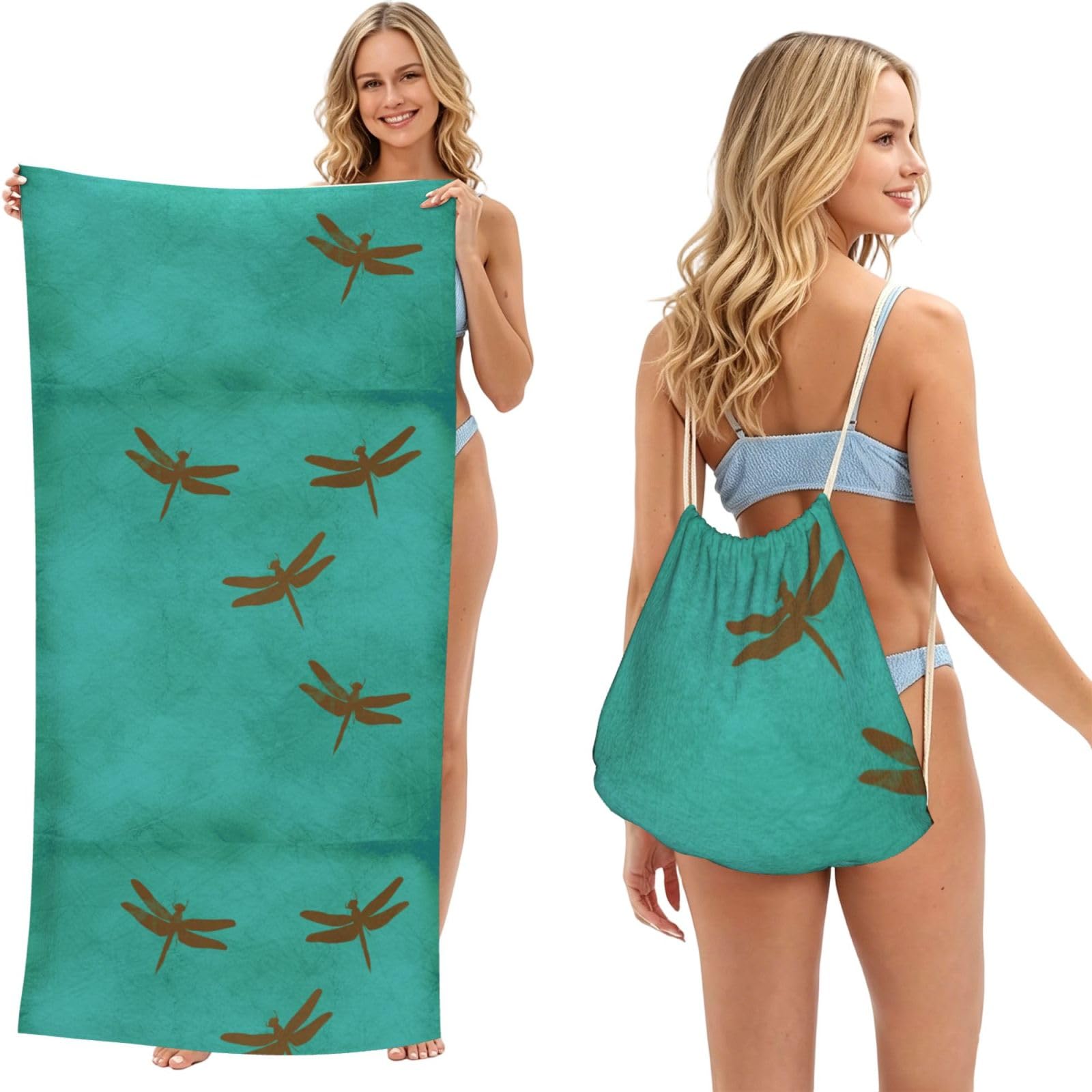 Poadnly As Picture Dragonflies And Teal Coloured, 2 In 1 Packable Towel Bag, Beach Towels With Drawstring Backpack For Travel Holiday Camping